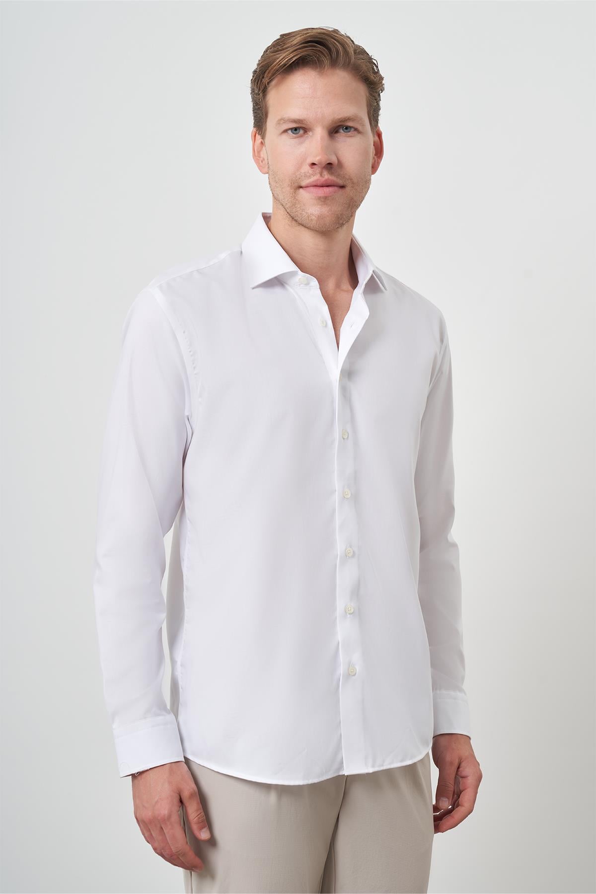 Morven Erkek Beyaz Pamuk Trend Slim Fit Dar Kesim Non Iron Gömlek
