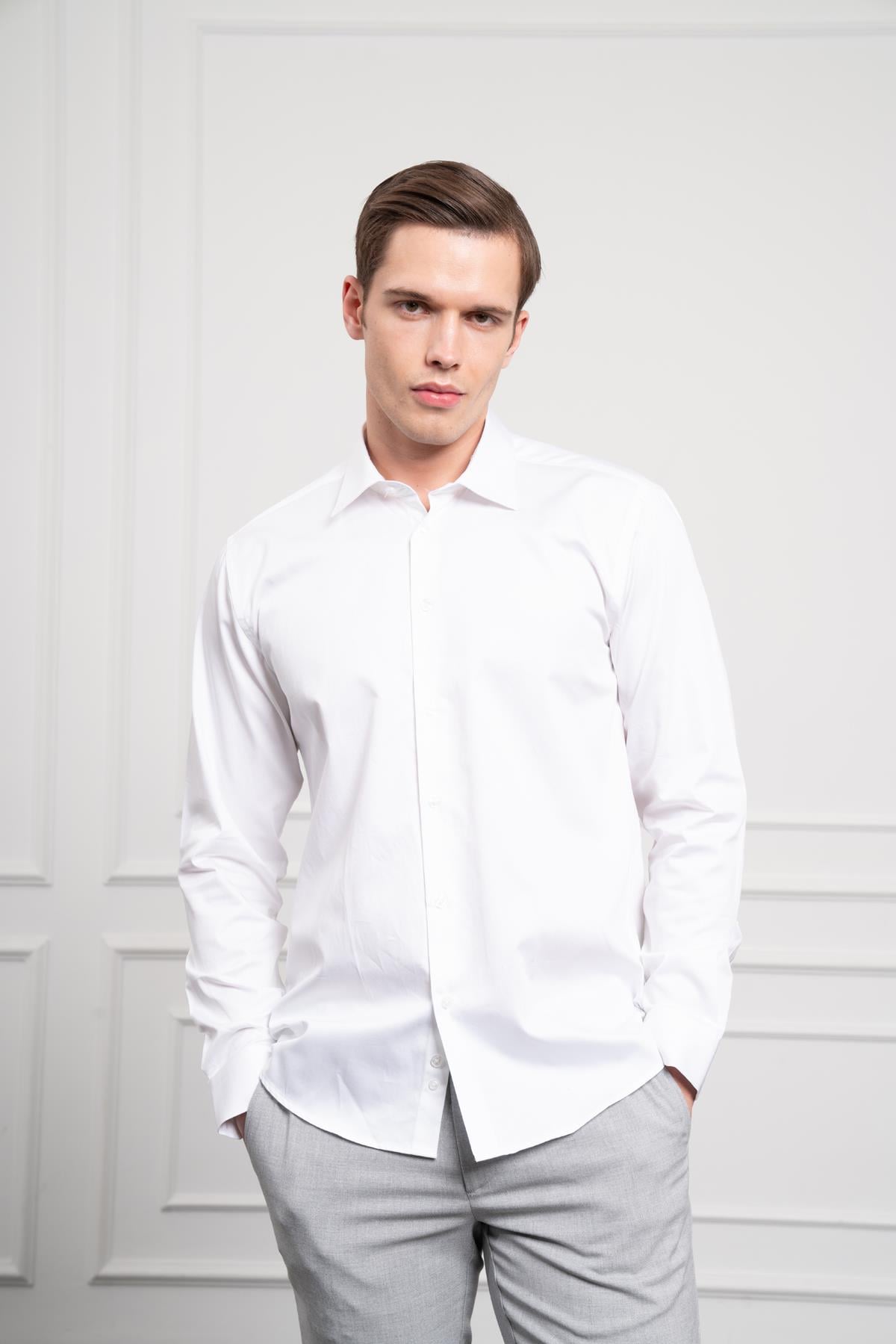 Morven Erkek Beyaz Pamuk Trend Slim Fit Dar Kesim Gömlek