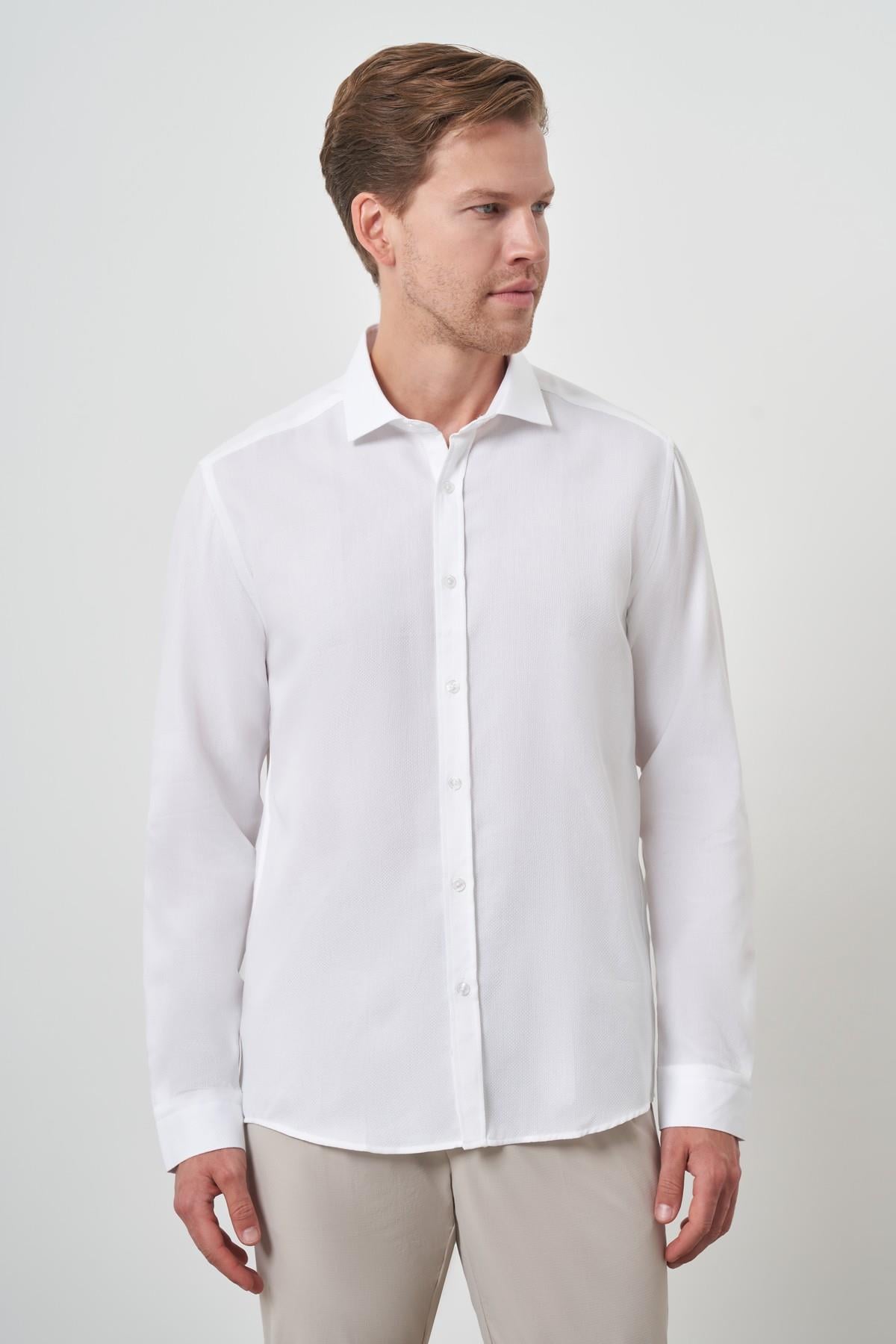 Morven Erkek Beyaz Pamuk Trend Slim Fit İtalyan Yaka Gömlek