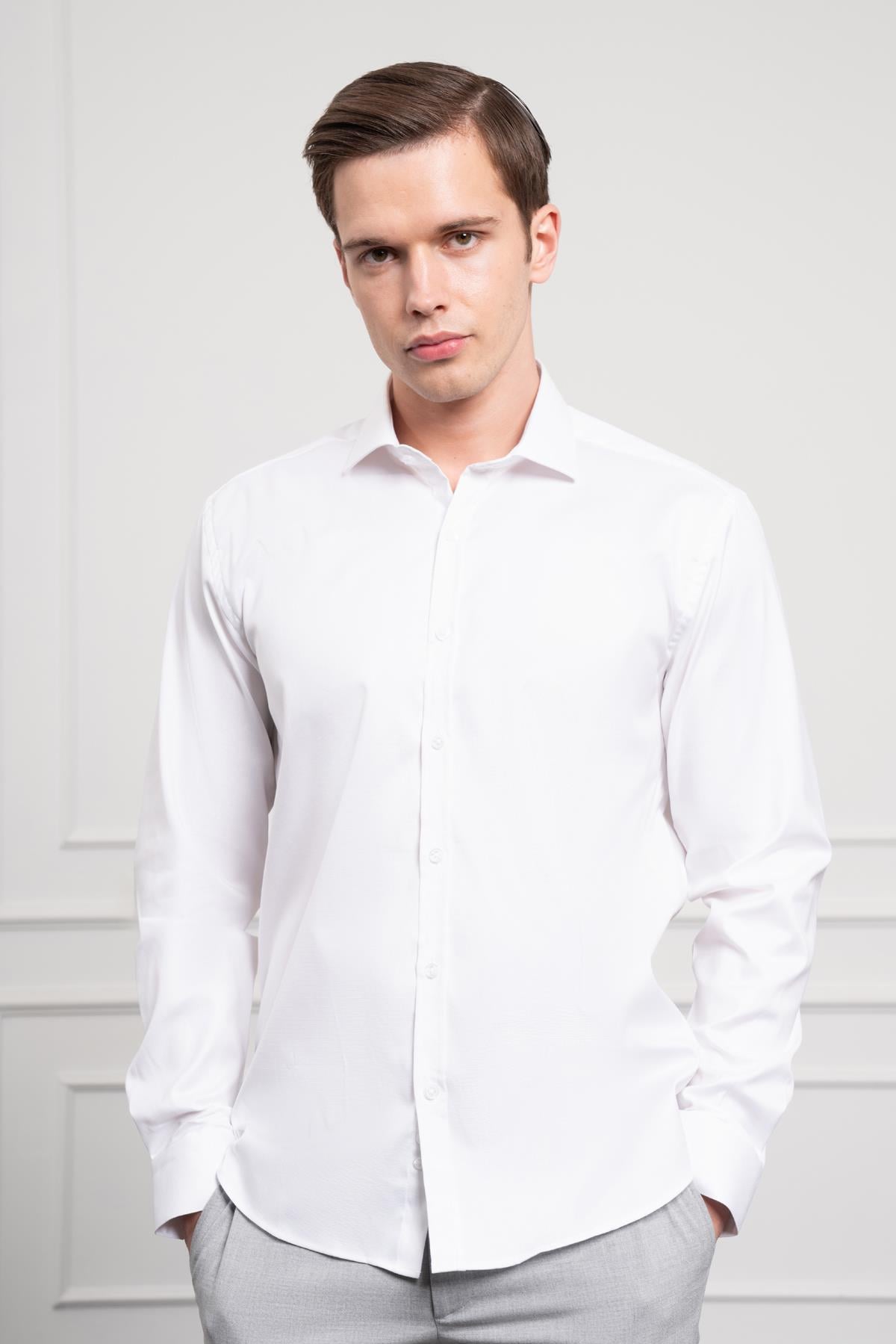 Morven Erkek Beyaz Pamuk Trend Slim Fit İtalyan Yaka Gömlek