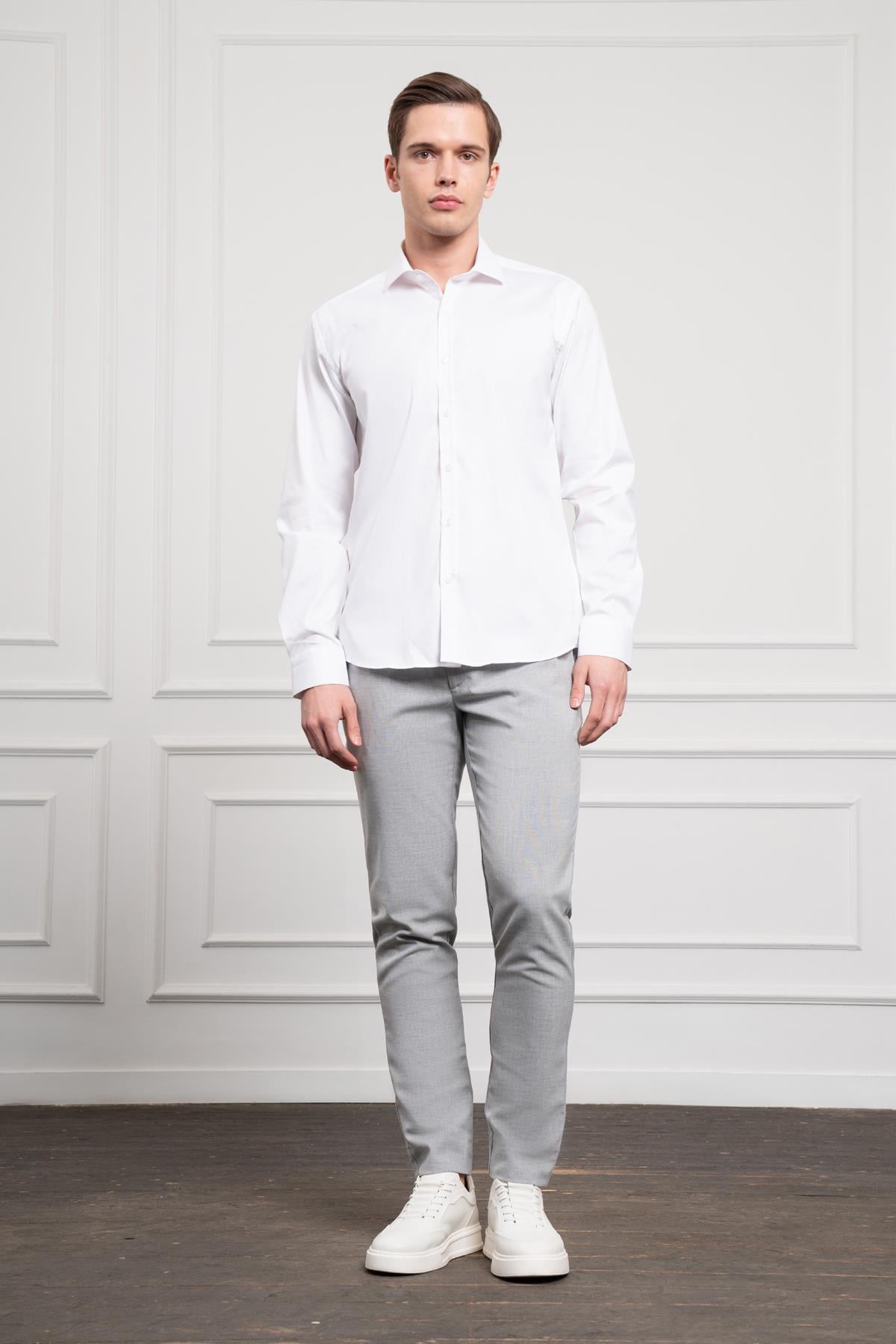 Morven Erkek Beyaz Pamuk Trend Slim Fit İtalyan Yaka Gömlek