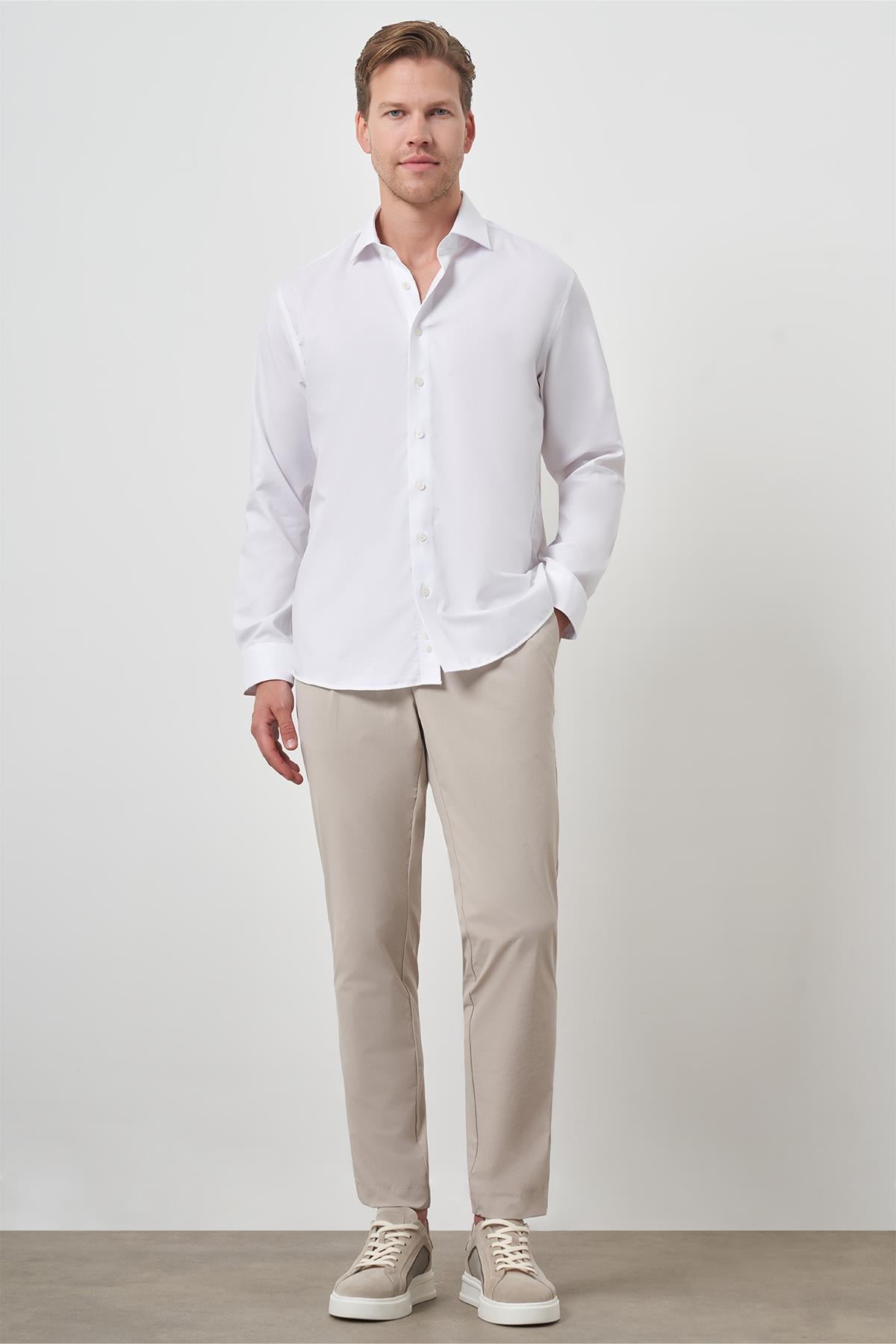 Morven Erkek Beyaz Pamuk Trend Slim Fit Dar Kesim Non Iron Gömlek
