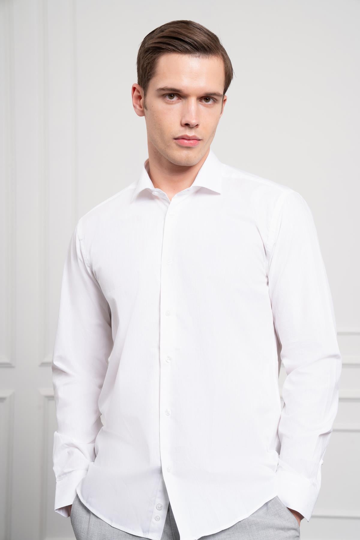 Morven Erkek Beyaz Pamuk Trend Slim Fit Dar Kesim İtalyan Yaka Gömlek