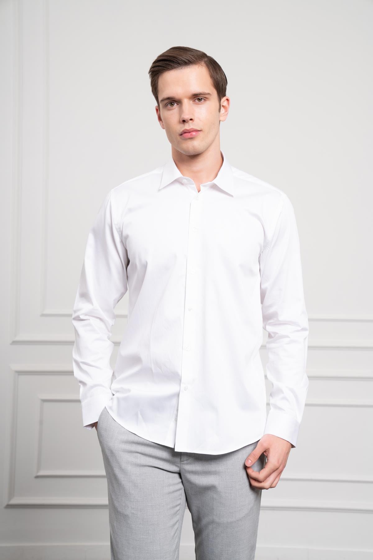 Morven Erkek Beyaz Pamuk Trend Slim Fit Dar Kesim Gömlek
