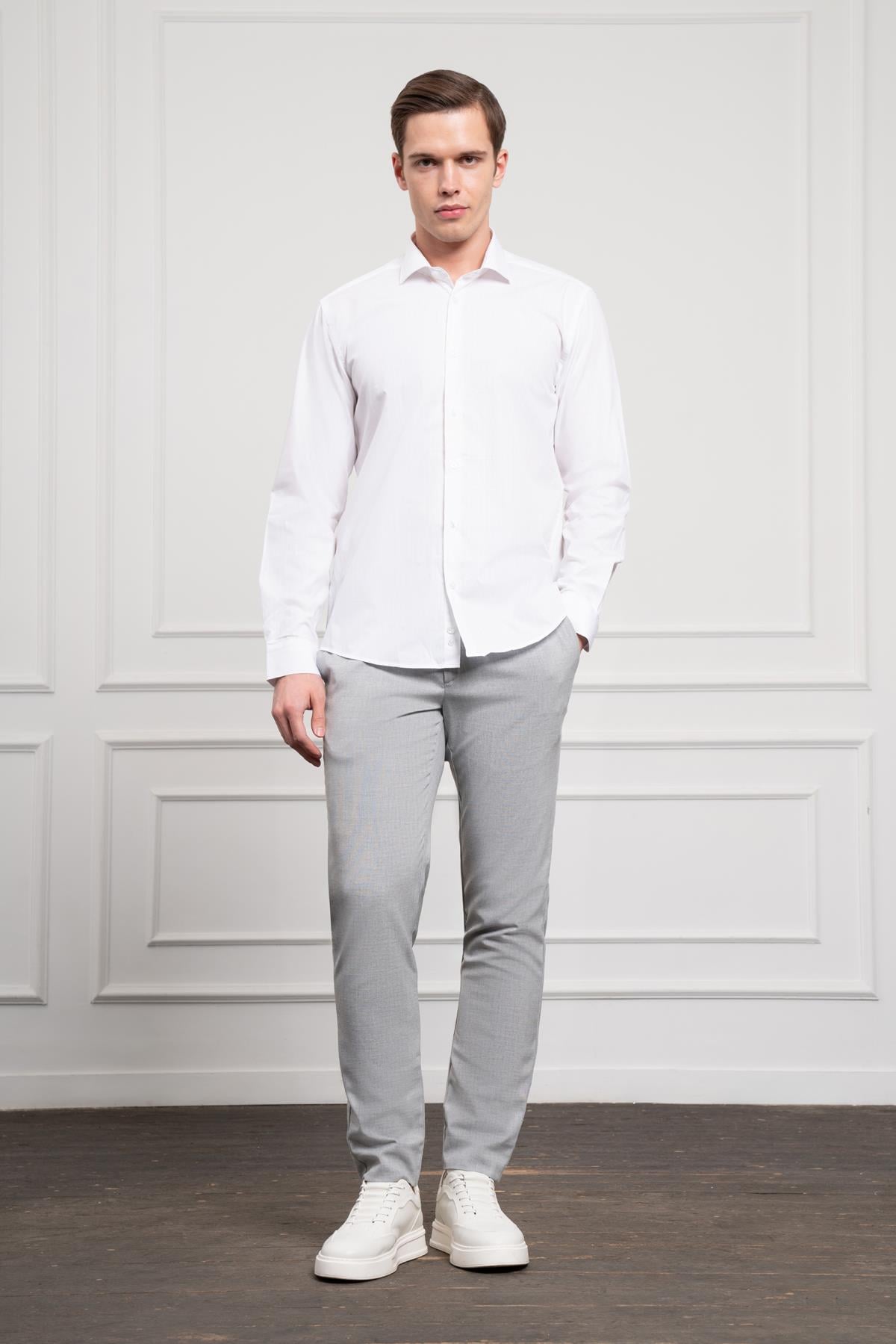 Morven Erkek Beyaz Pamuk Trend Slim Fit Dar Kesim İtalyan Yaka Gömlek
