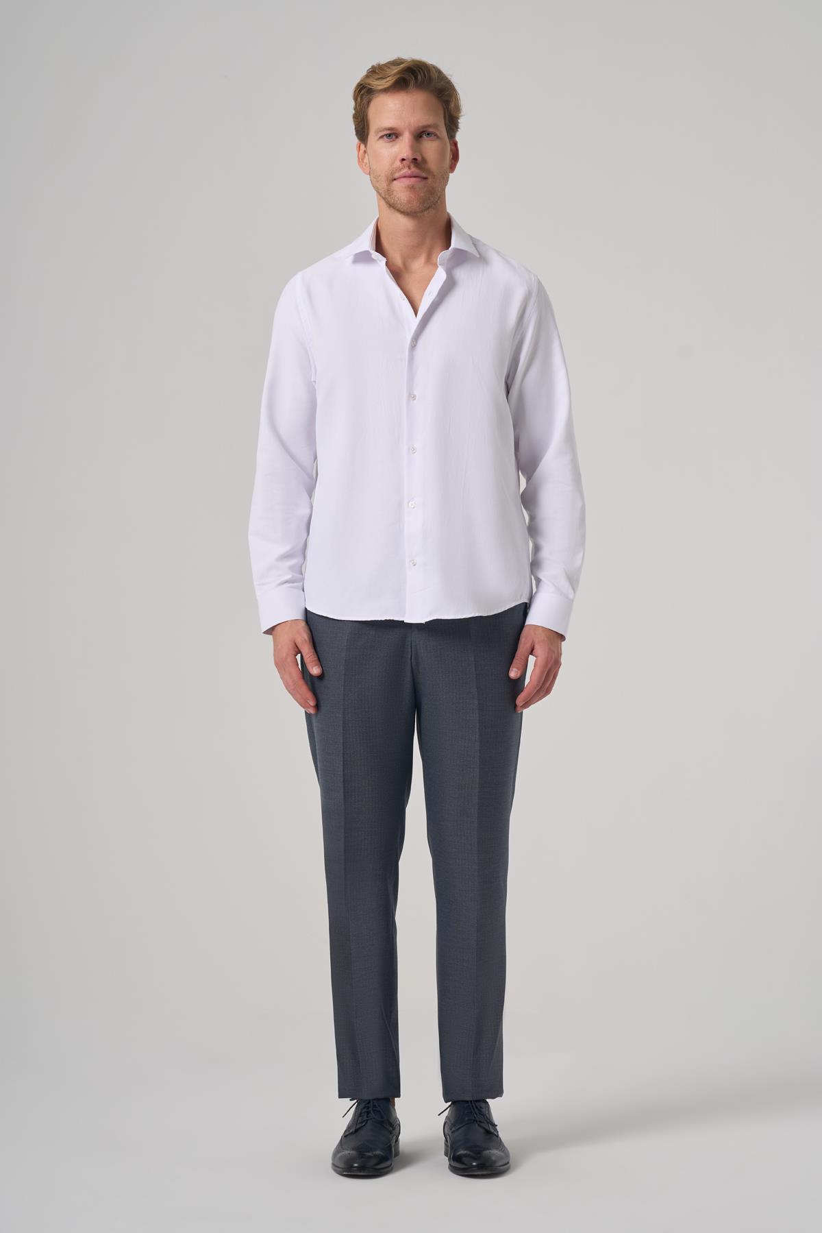 Morven Erkek Beyaz Polyester Trend Desenli Dynamic Fit İtalyan Yaka Gömlek