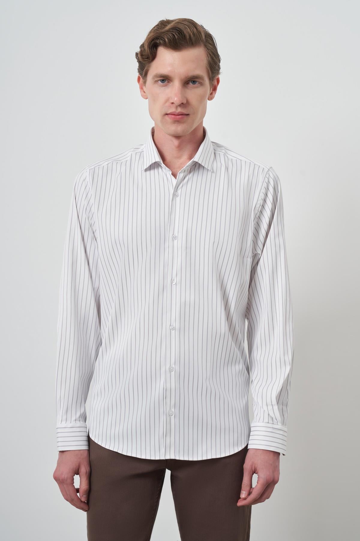 Morven Erkek Beyaz Trend Çizgili Slim Fit İtalyan Yaka Gömlek