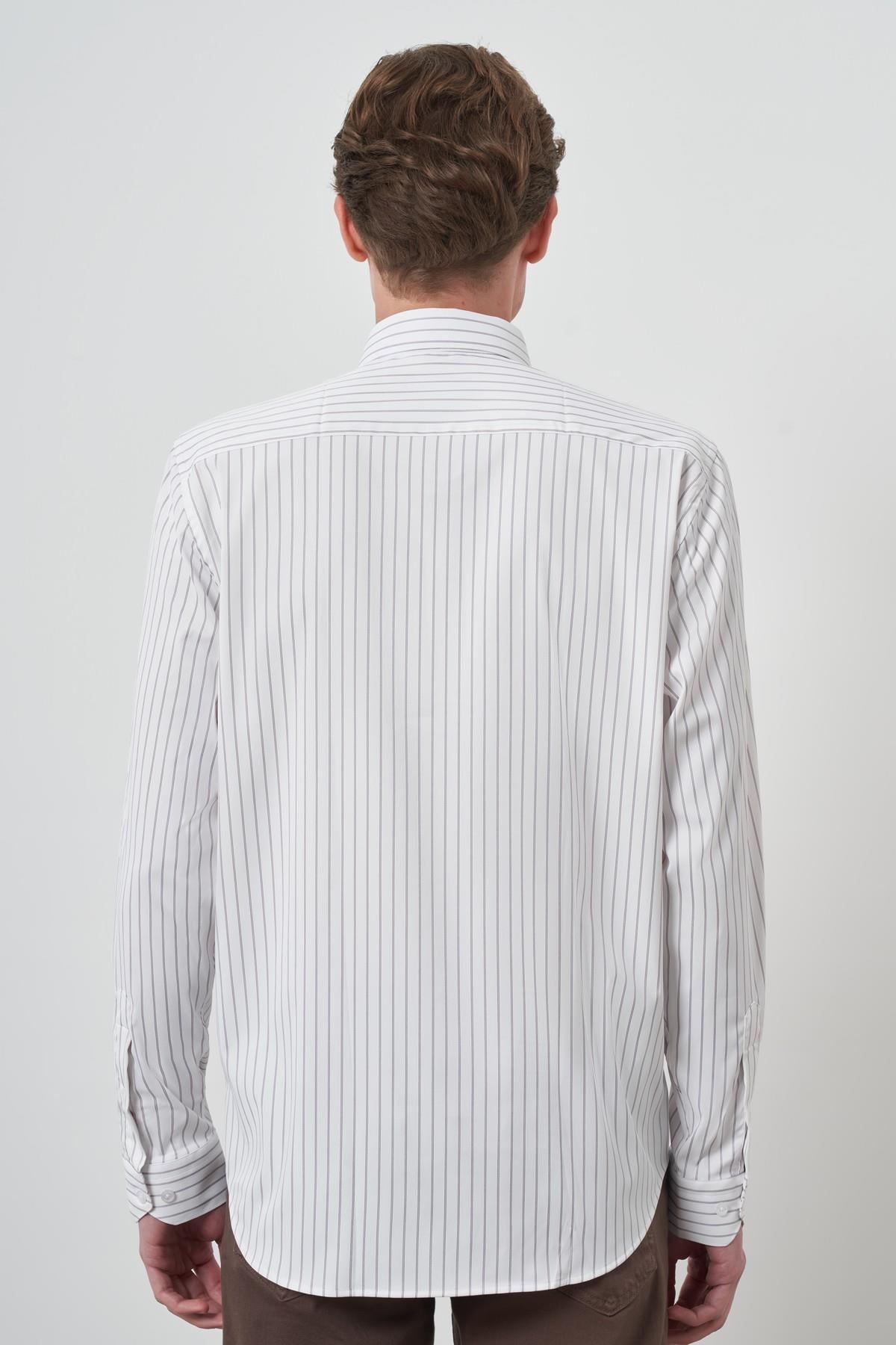 Morven Erkek Beyaz Trend Çizgili Slim Fit İtalyan Yaka Gömlek