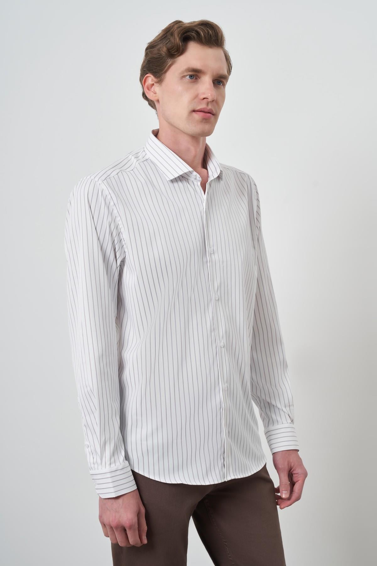 Morven Erkek Beyaz Trend Çizgili Slim Fit İtalyan Yaka Gömlek