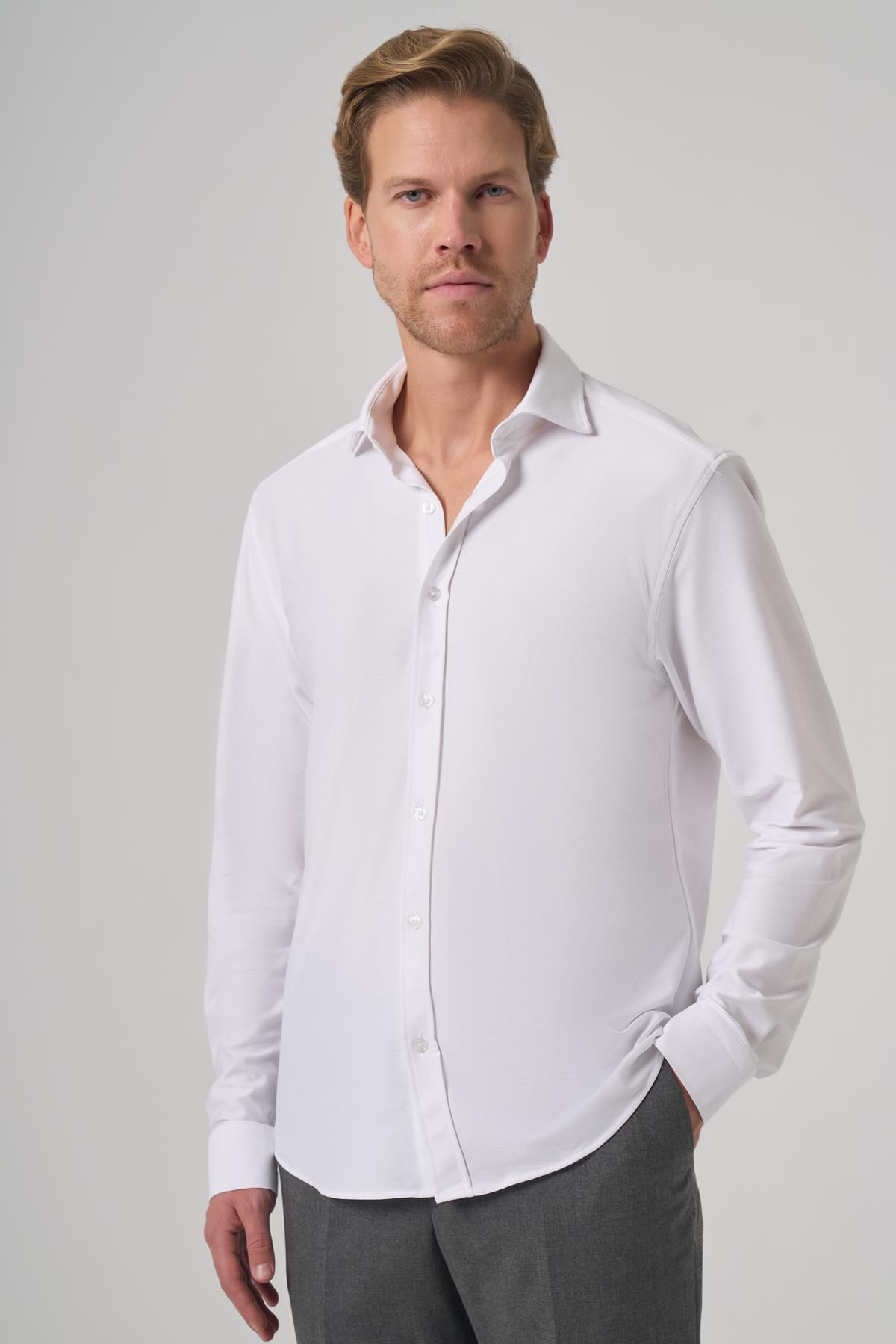 Morven Erkek Beyaz Trend Düz Slim Fit Tam İtalyan Yaka Gömlek