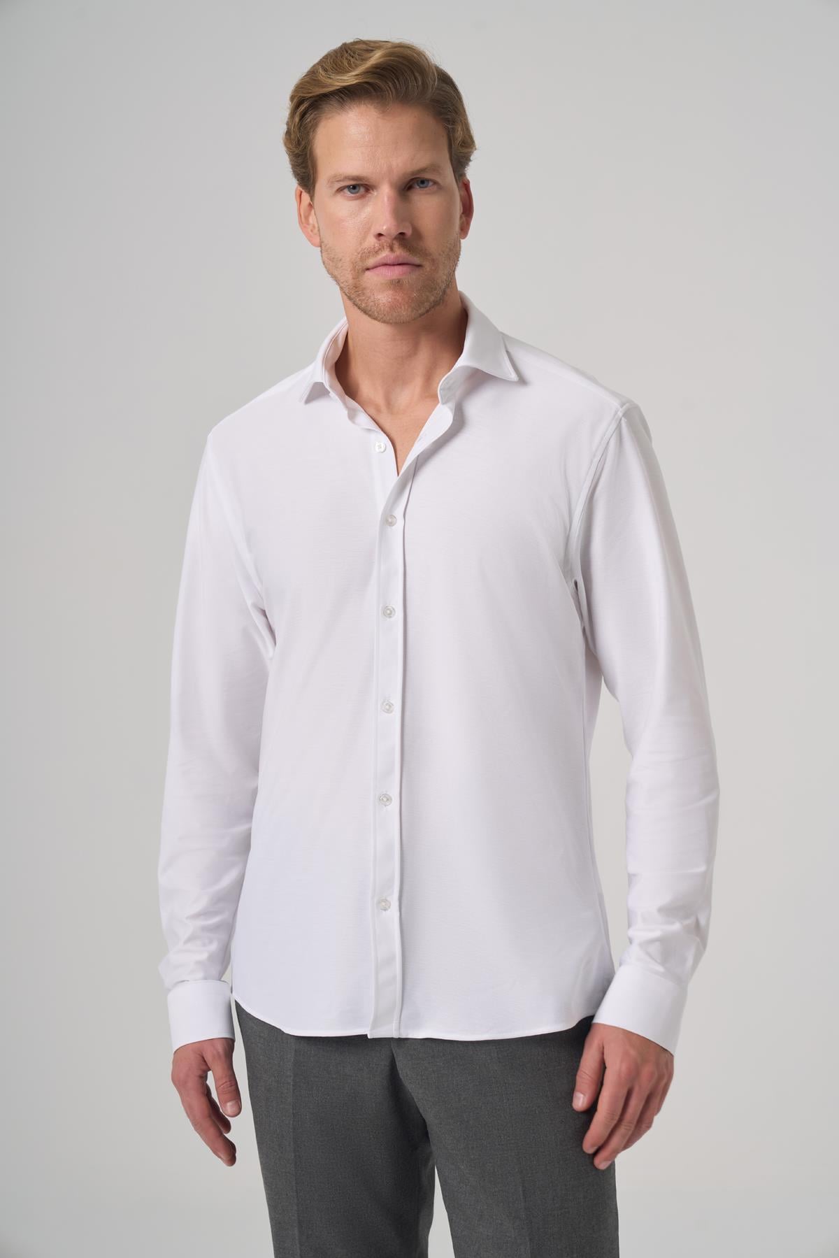 Morven Erkek Beyaz Trend Düz Slim Fit Tam İtalyan Yaka Gömlek