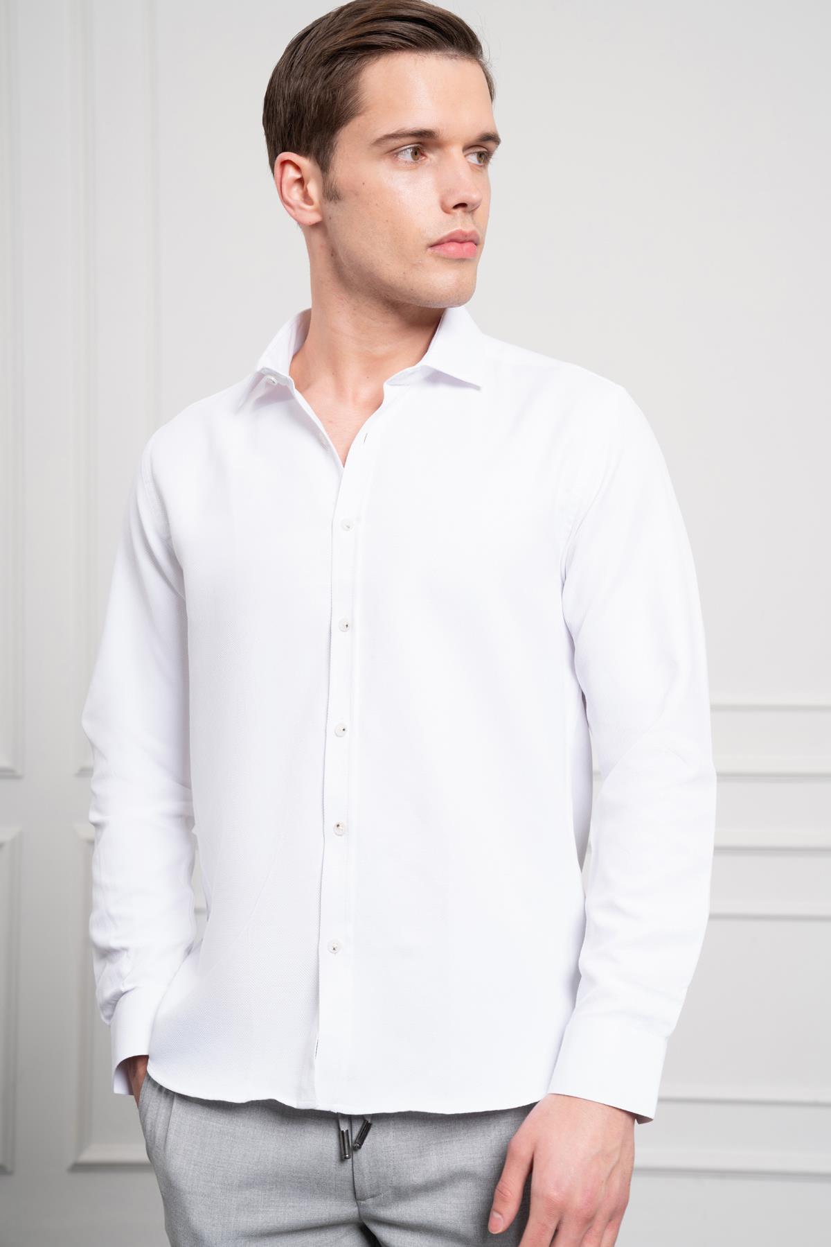 Morven Erkek Beyaz Trend İtalyan Yaka  Slim Fit Dar Kesim Gömlek