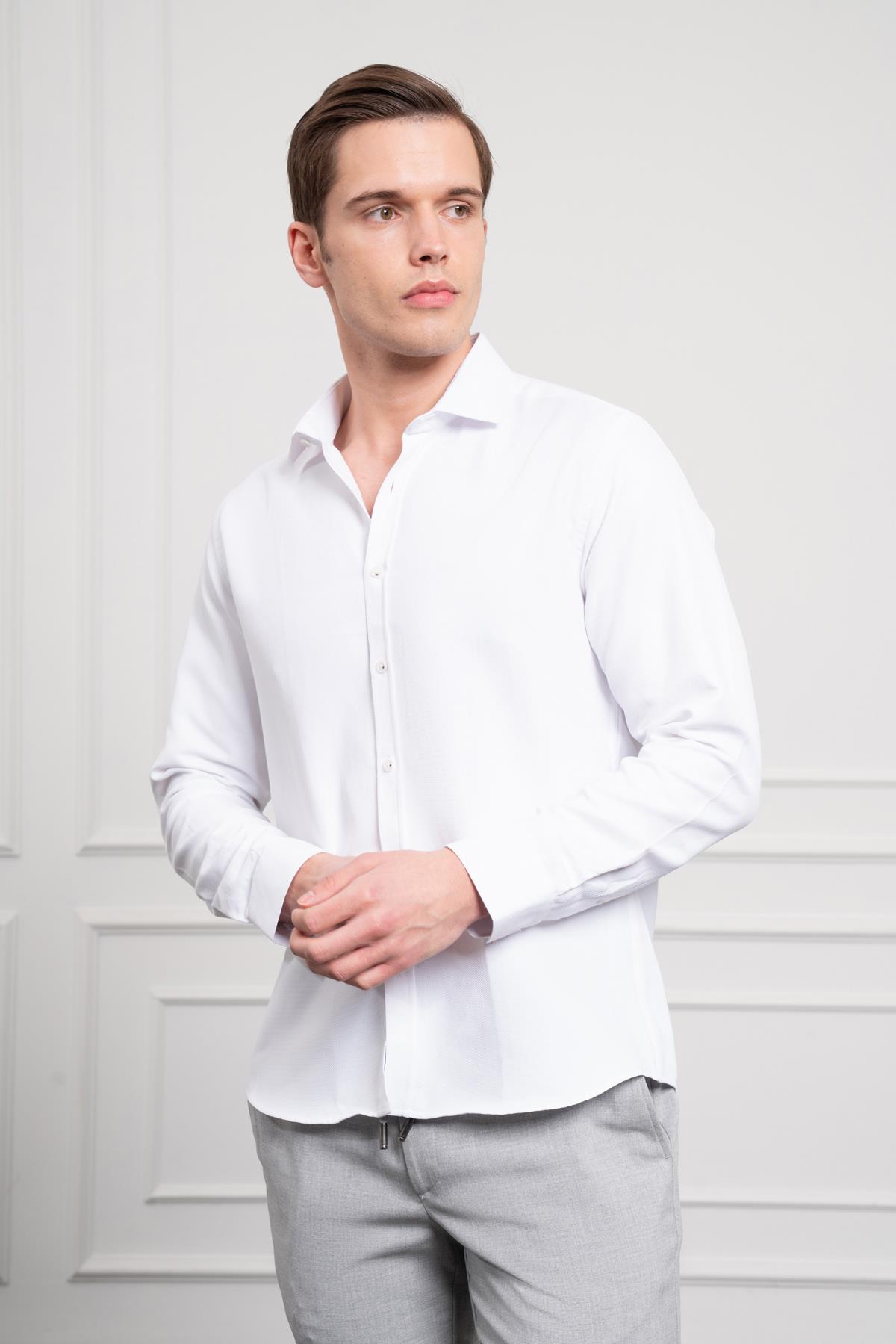 Morven Erkek Beyaz Trend İtalyan Yaka  Slim Fit Dar Kesim Gömlek