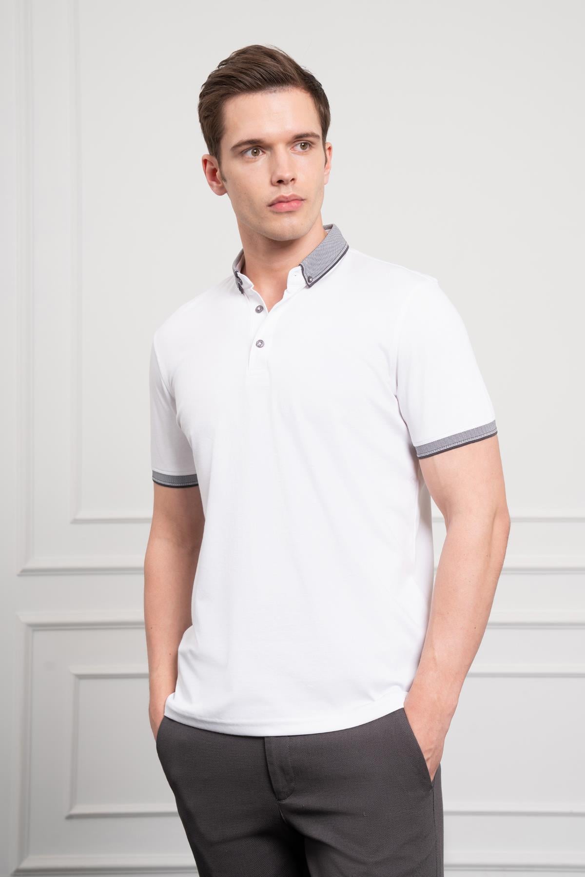 Morven Erkek Beyaz Trend Merserize Düz Düğmeli Yaka Dynamic Fit T-Shirt