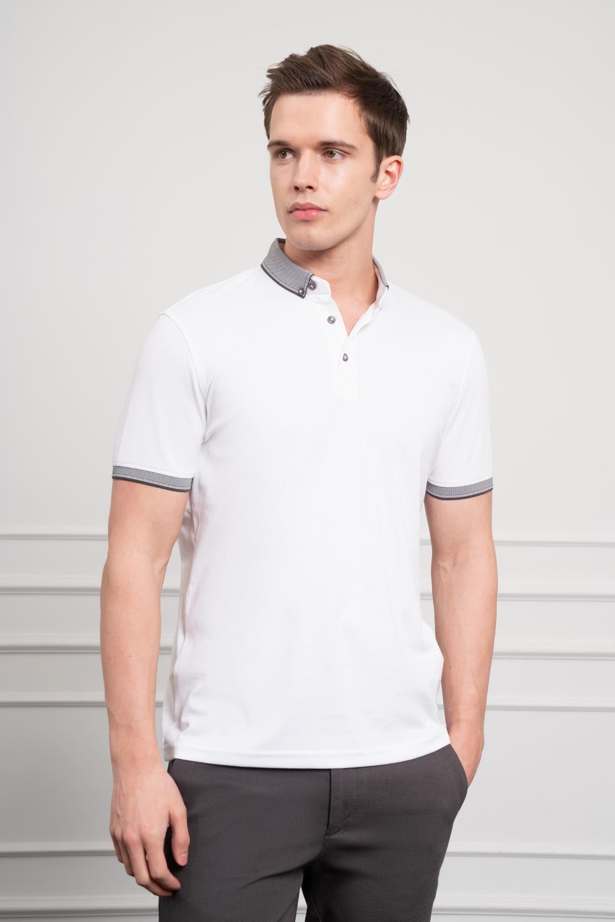 Morven Erkek Beyaz Trend Merserize Düz Düğmeli Yaka Dynamic Fit T-Shirt