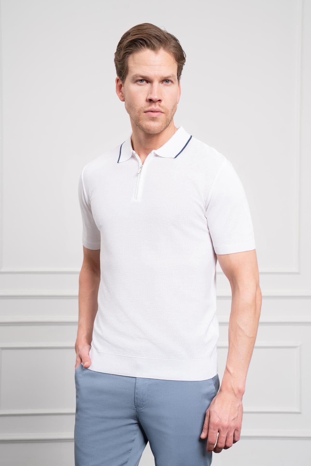 Morven Erkek Beyaz Trend  Polo Yaka Dinamik Fit Rahat Kesim T-Shirt