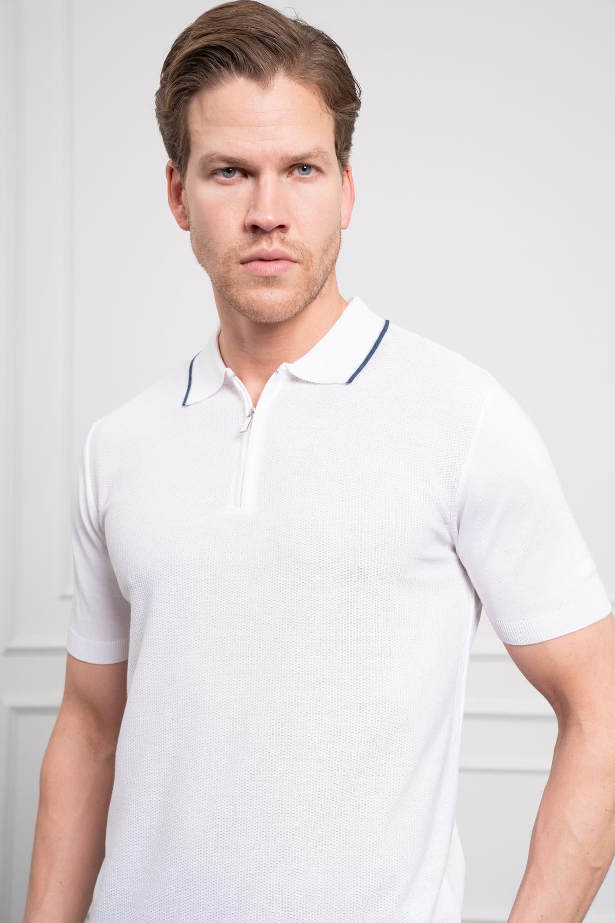 Morven Erkek Beyaz Trend  Polo Yaka Dinamik Fit Rahat Kesim T-Shirt