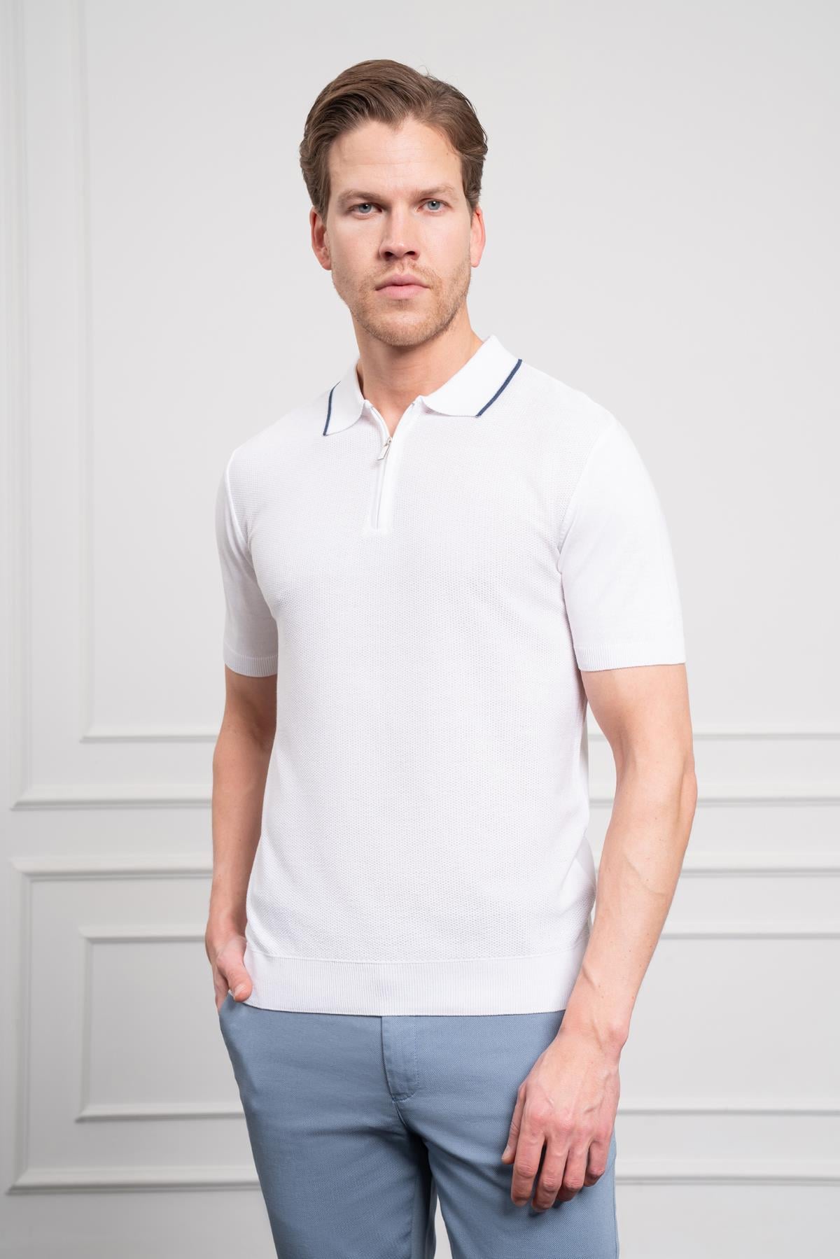 Morven Erkek Beyaz Trend  Polo Yaka Dinamik Fit Rahat Kesim T-Shirt