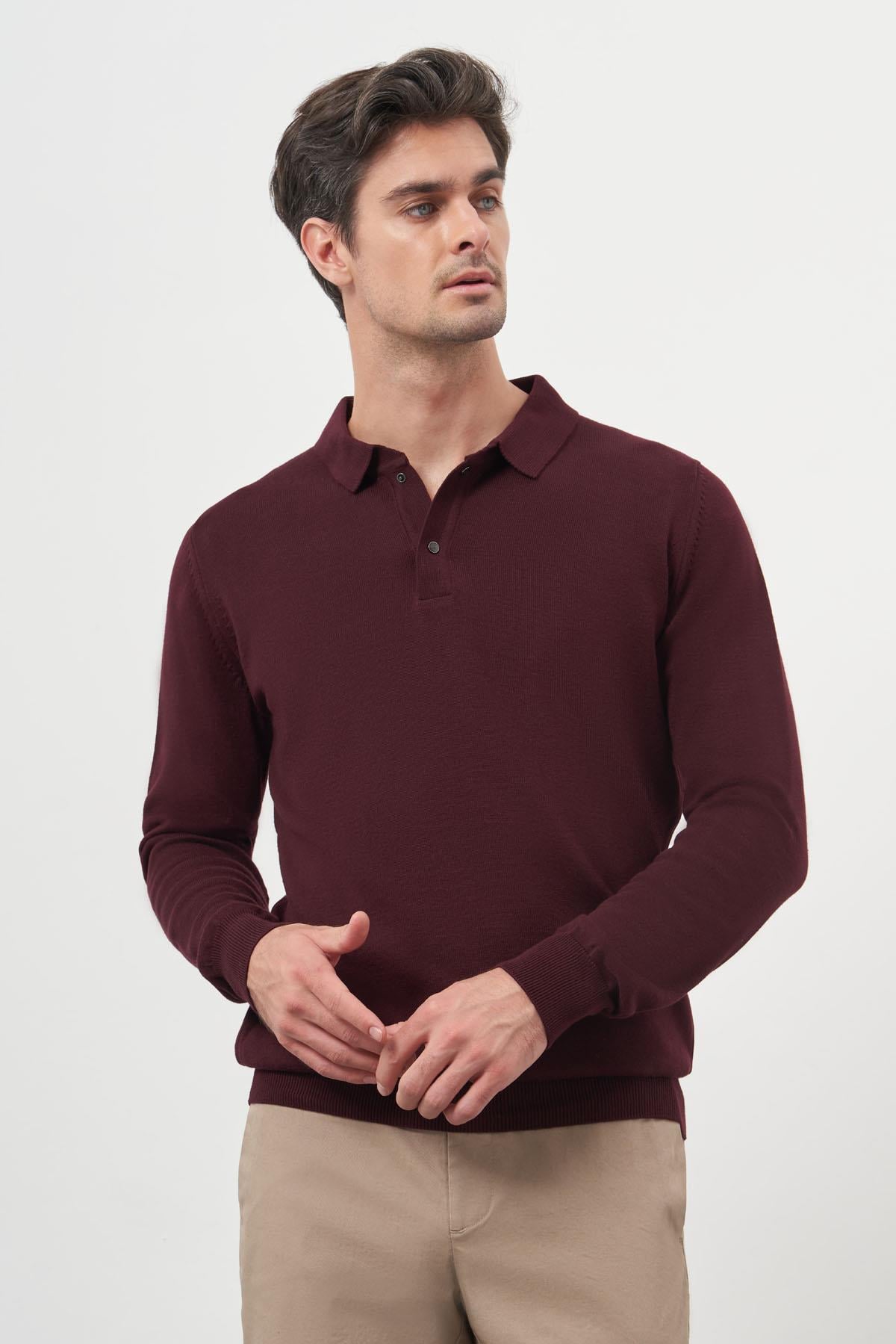 Morven Erkek Bordo Basic Polo Yaka Dynamic Fit Rahat Kesim Triko
