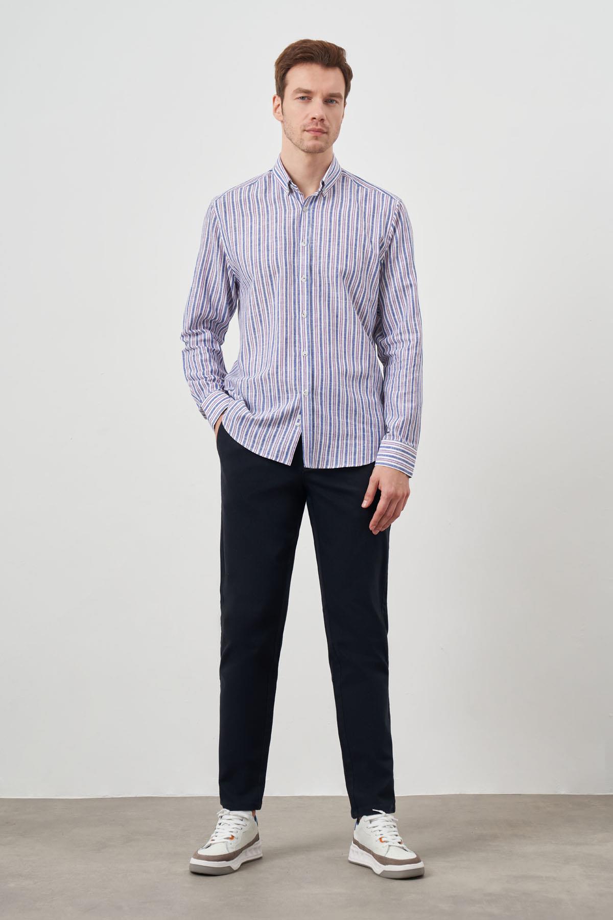 Morven Erkek Bordo Keten Panolu Düğmeli Yaka Regular Fit Gömlek