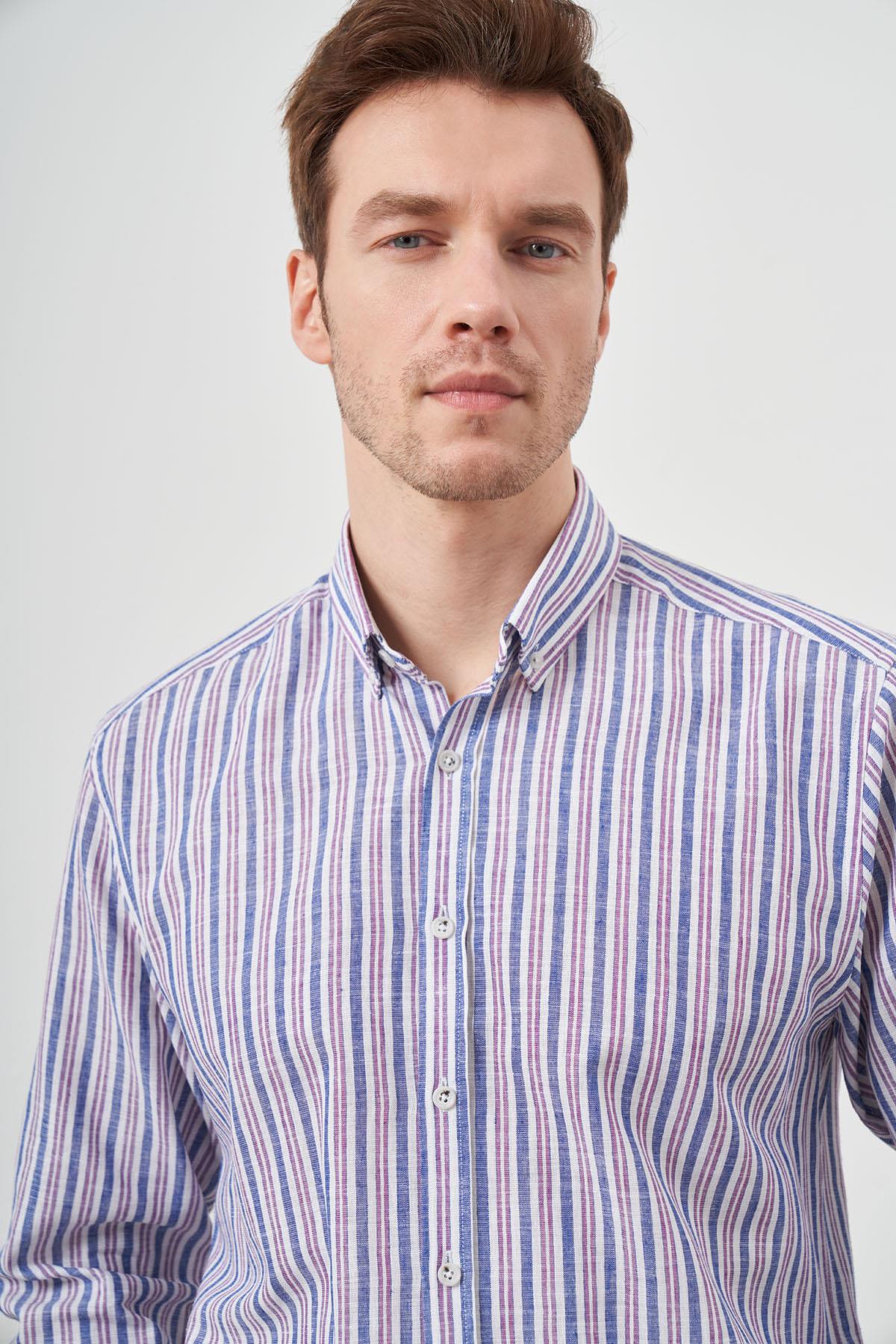 Morven Erkek Bordo Keten Panolu Düğmeli Yaka Regular Fit Gömlek