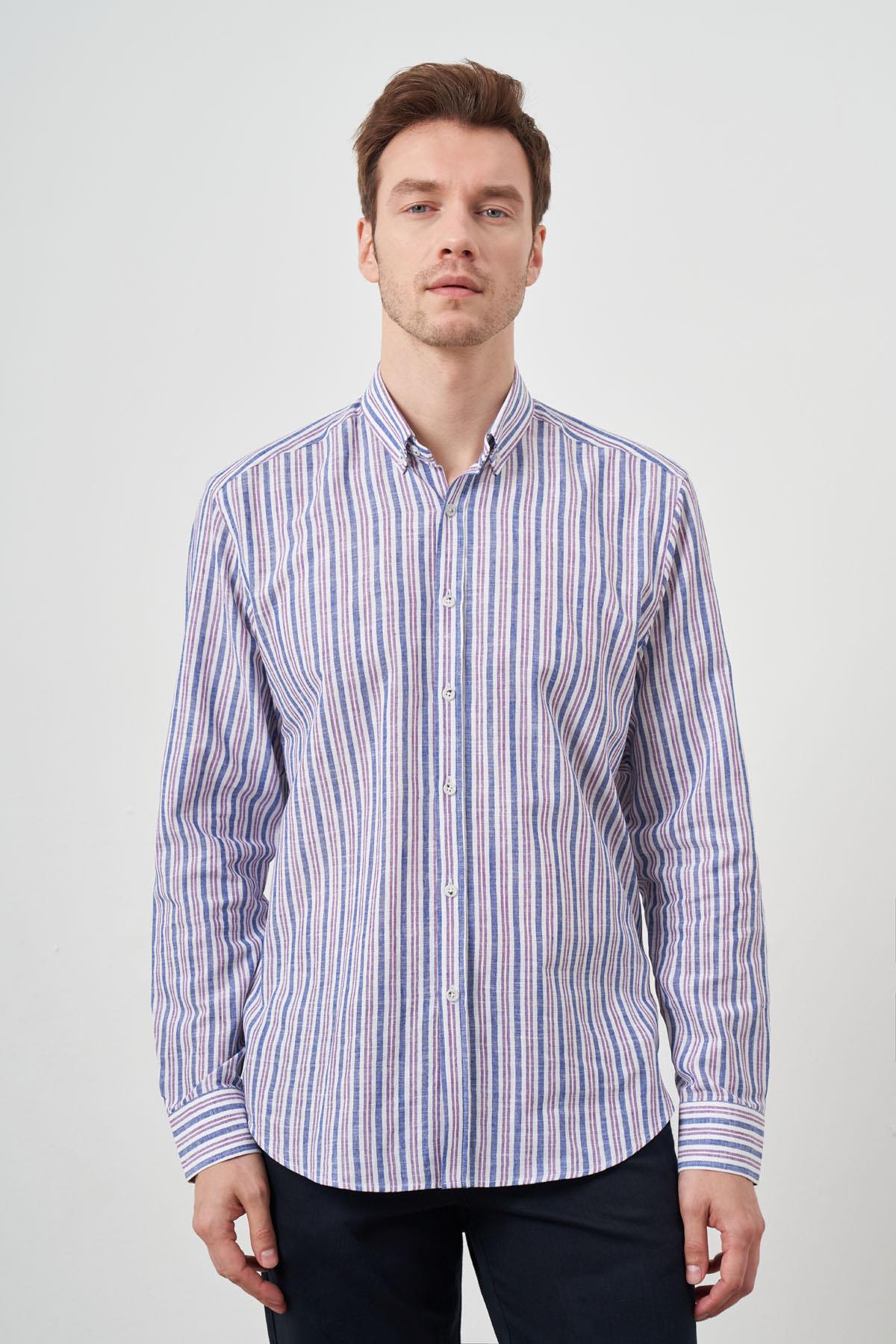 Morven Erkek Bordo Keten Panolu Düğmeli Yaka Regular Fit Gömlek