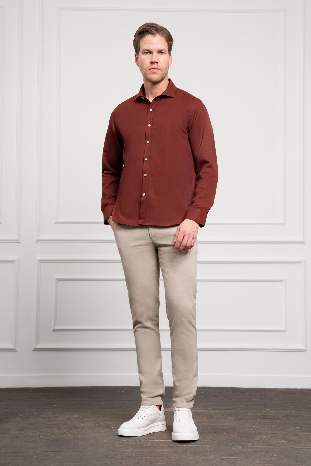 Morven Erkek Bordo Trend İtalyan Yaka  Slim Fit Dar Kesim Gömlek