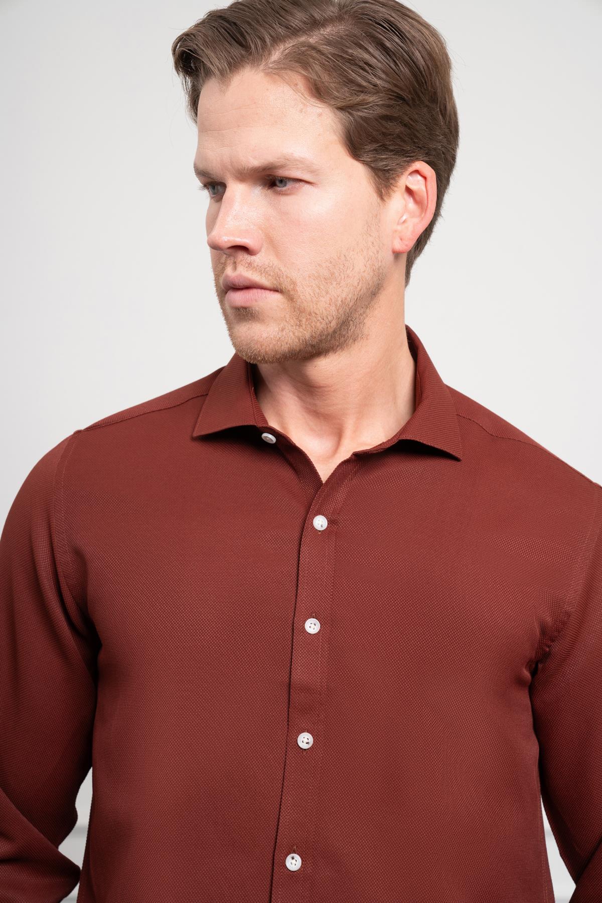 Morven Erkek Bordo Trend İtalyan Yaka  Slim Fit Dar Kesim Gömlek