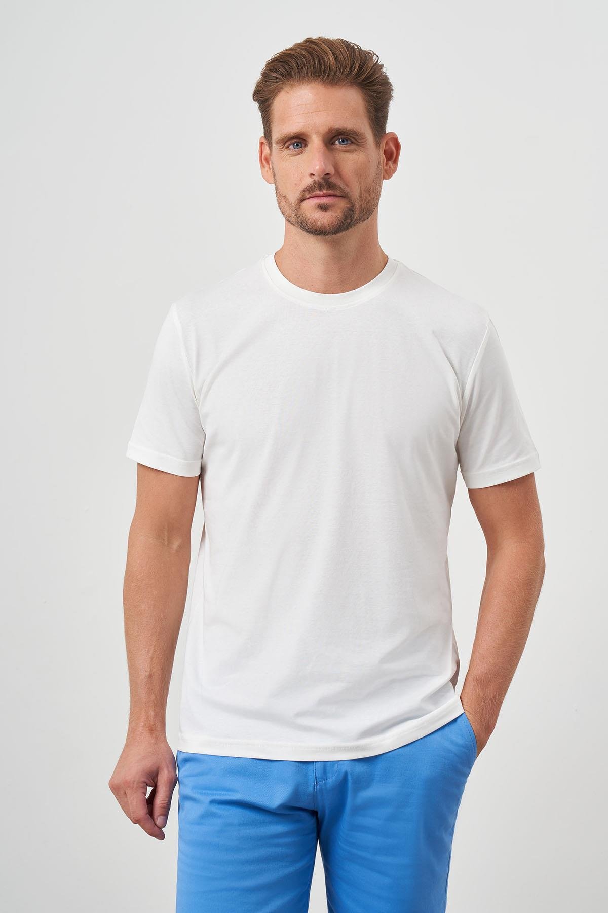 Morven Erkek Ekru Basic Bisiklet Yaka Dynamic Fit T-Shirt