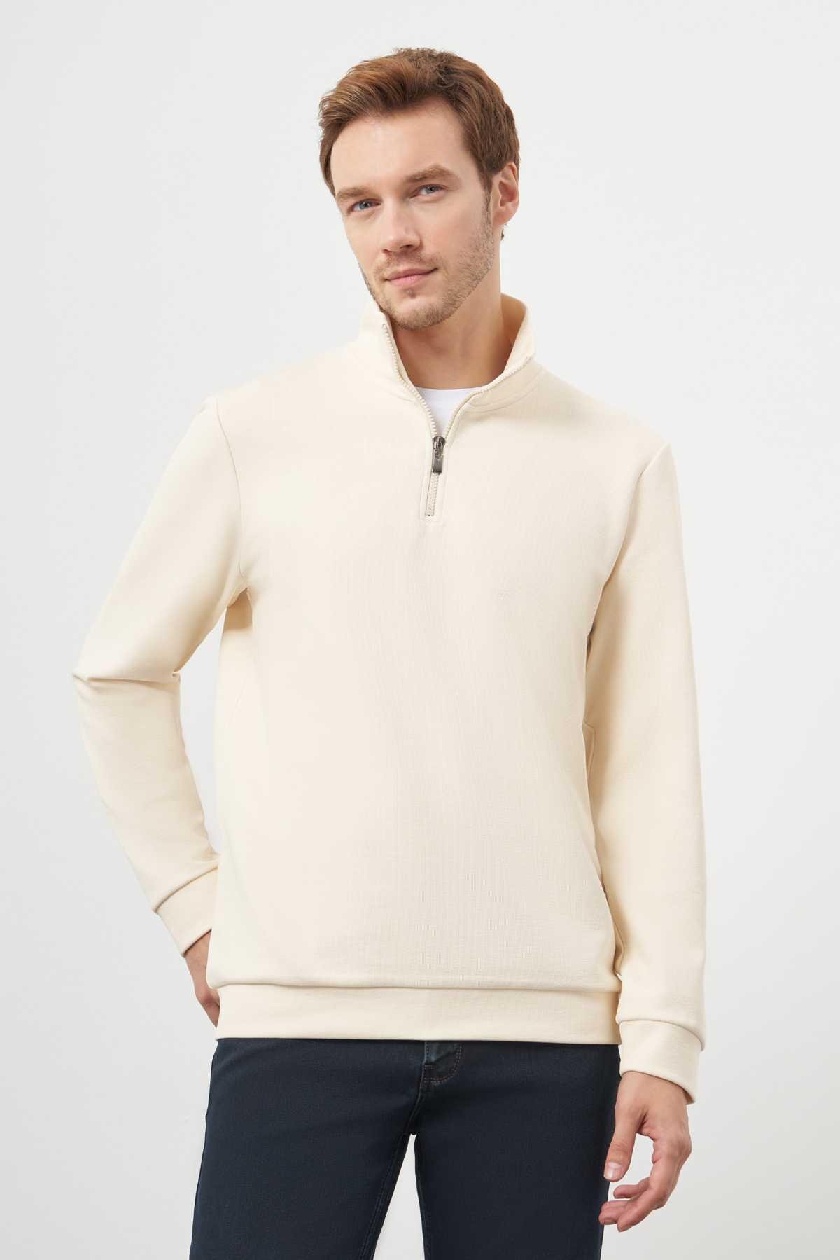 Morven Erkek Ekru Fermuarlı Bato Yaka Sweat-Shirt