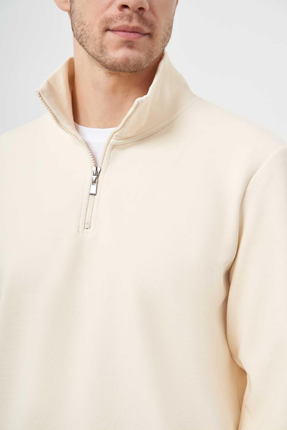 Morven Erkek Ekru Fermuarlı Bato Yaka Sweat-Shirt