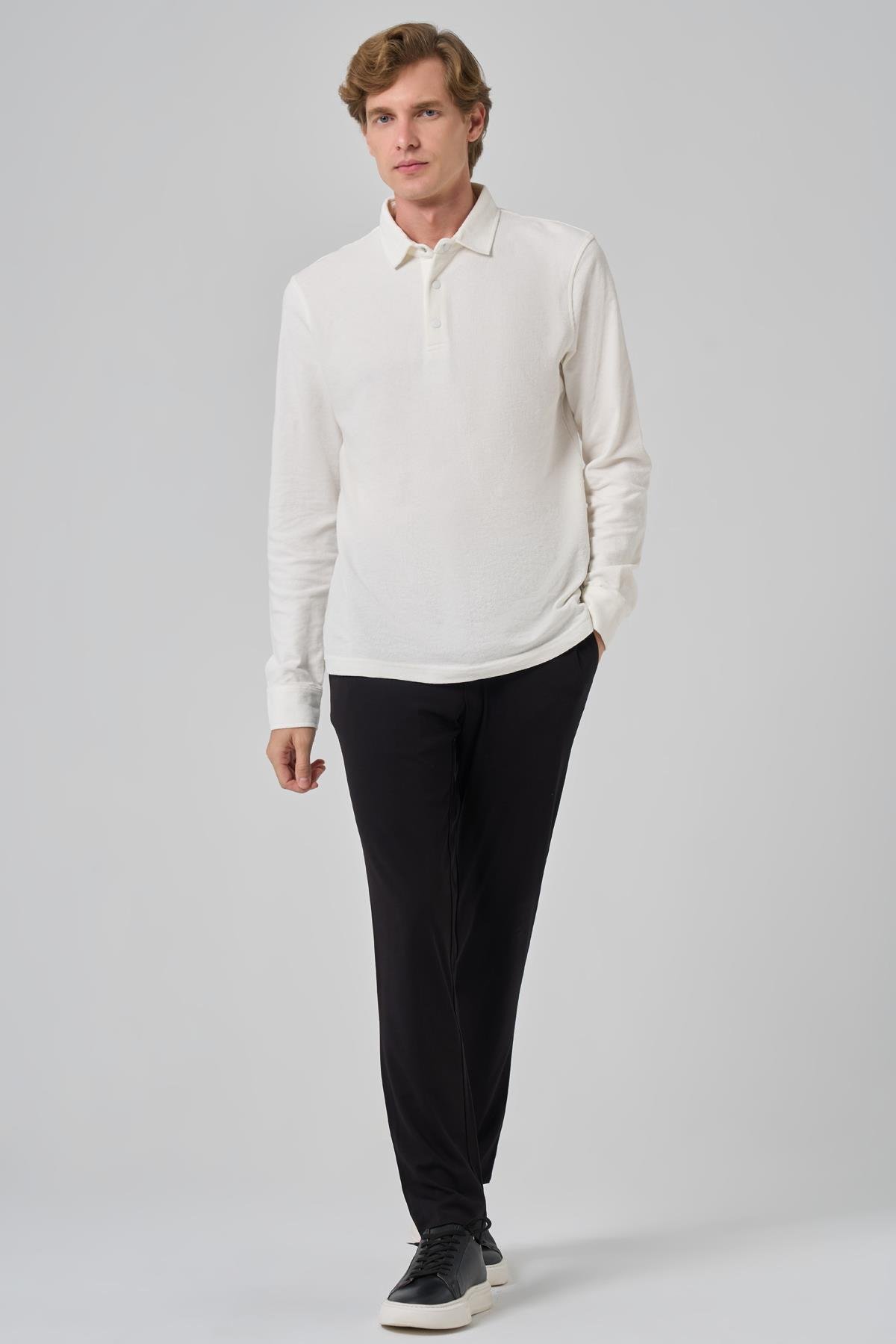 Morven Erkek Ekru Pamuk Trend Ağaç Kabuğu Desen Dinamik Fit Polo Yaka Sweat-Shirt