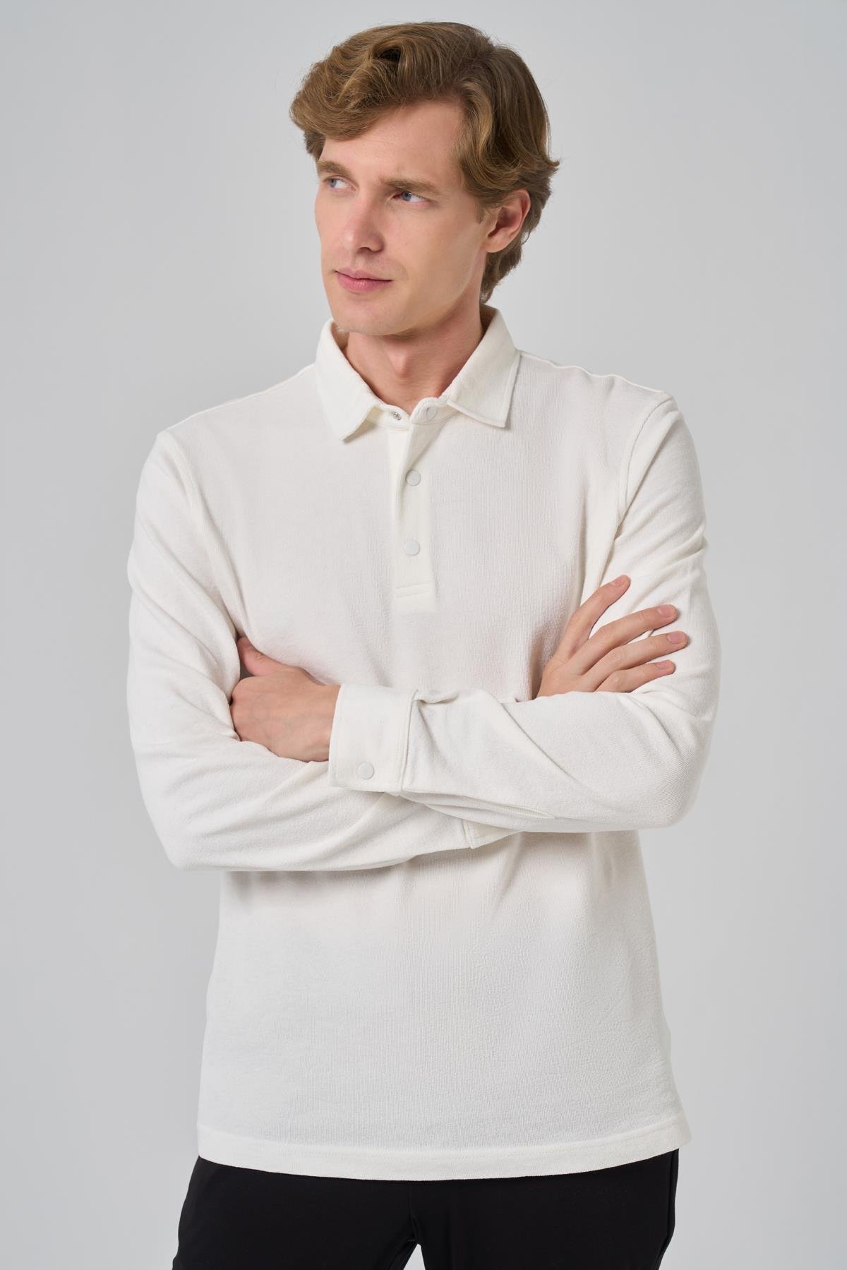 Morven Erkek Ekru Pamuk Trend Ağaç Kabuğu Desen Dinamik Fit Polo Yaka Sweat-Shirt