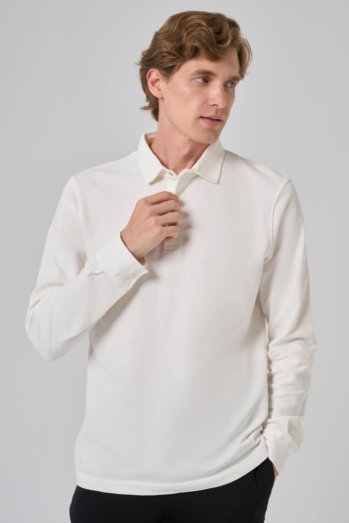 Morven Erkek Ekru Pamuk Trend Ağaç Kabuğu Desen Dinamik Fit Polo Yaka Sweat-Shirt