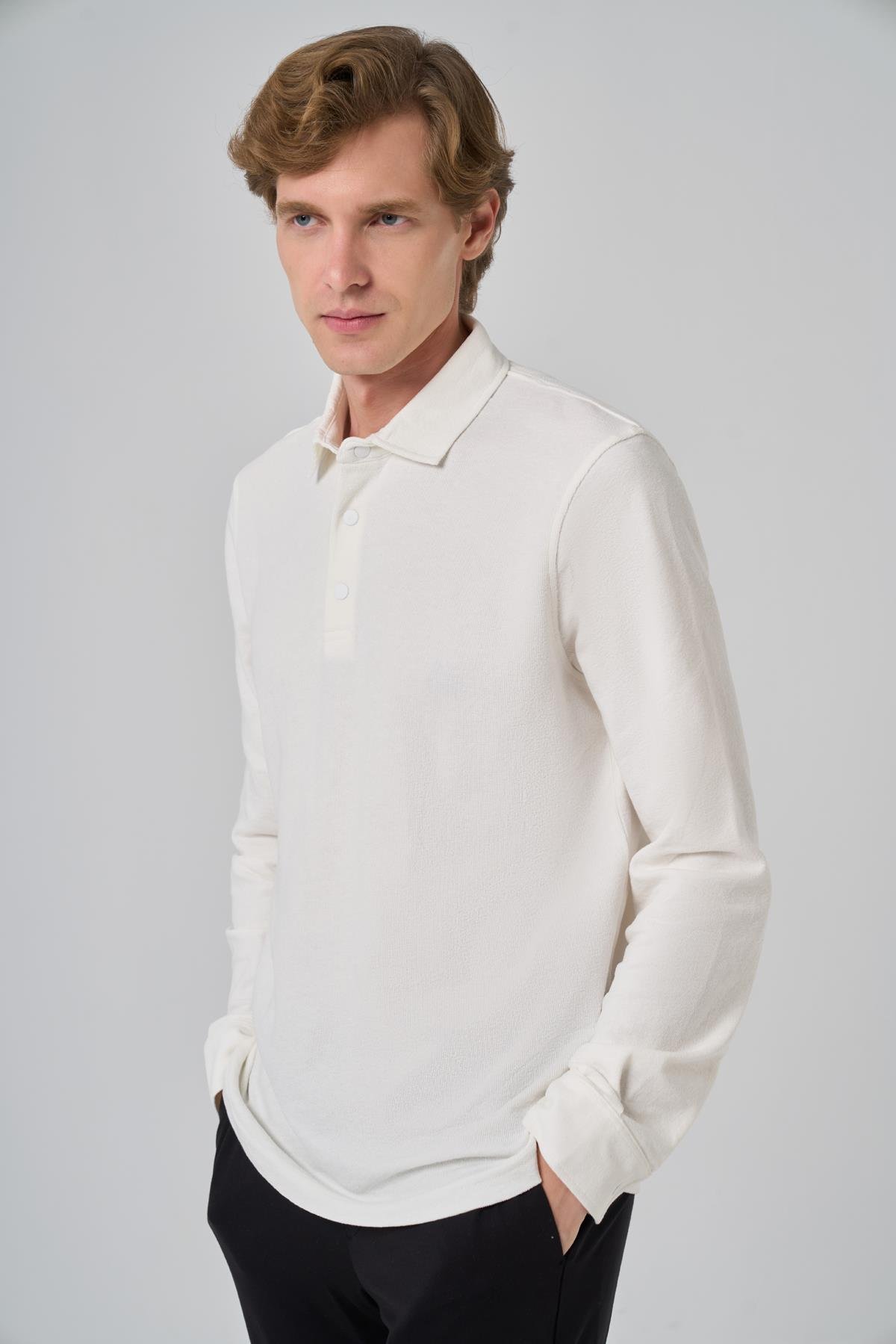 Morven Erkek Ekru Pamuk Trend Ağaç Kabuğu Desen Dinamik Fit Polo Yaka Sweat-Shirt