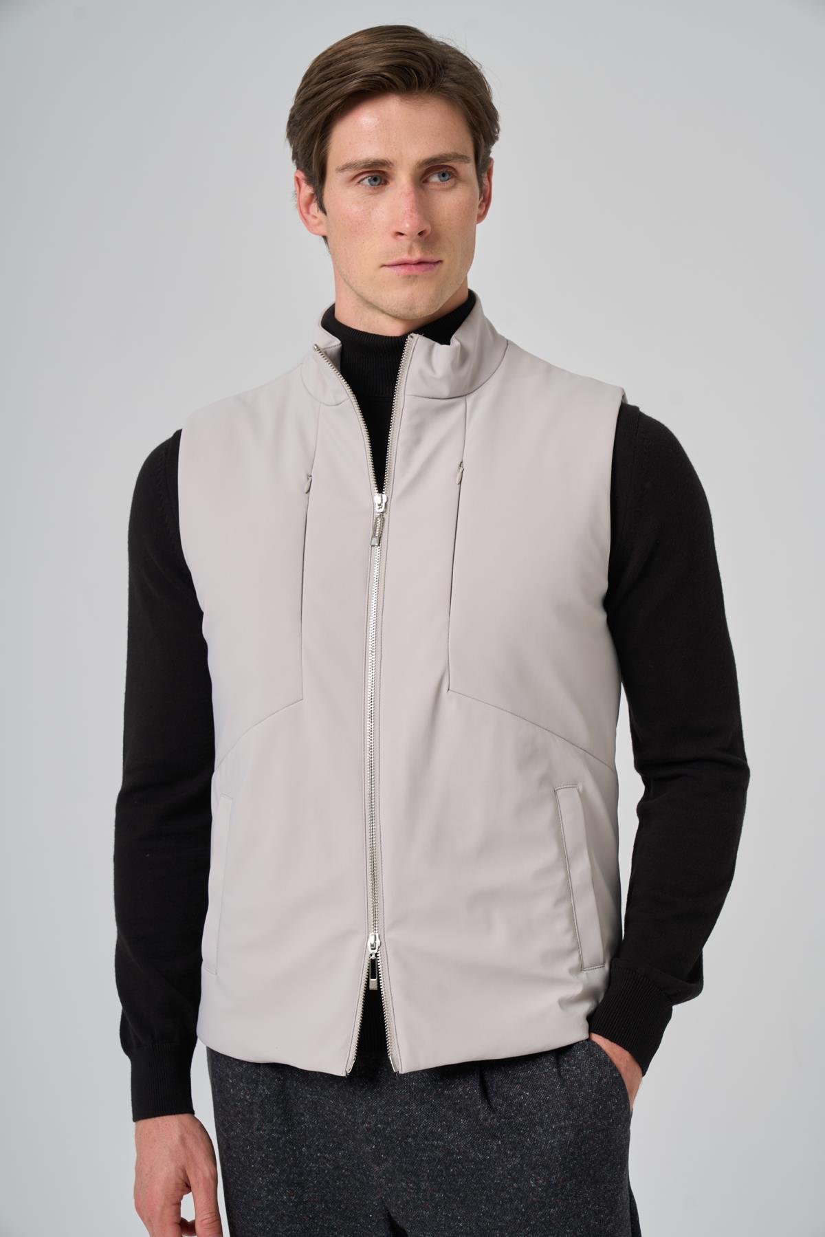 Morven Erkek Ekru Polyamide Spor Gizli Cep Fermuarlı Yelek