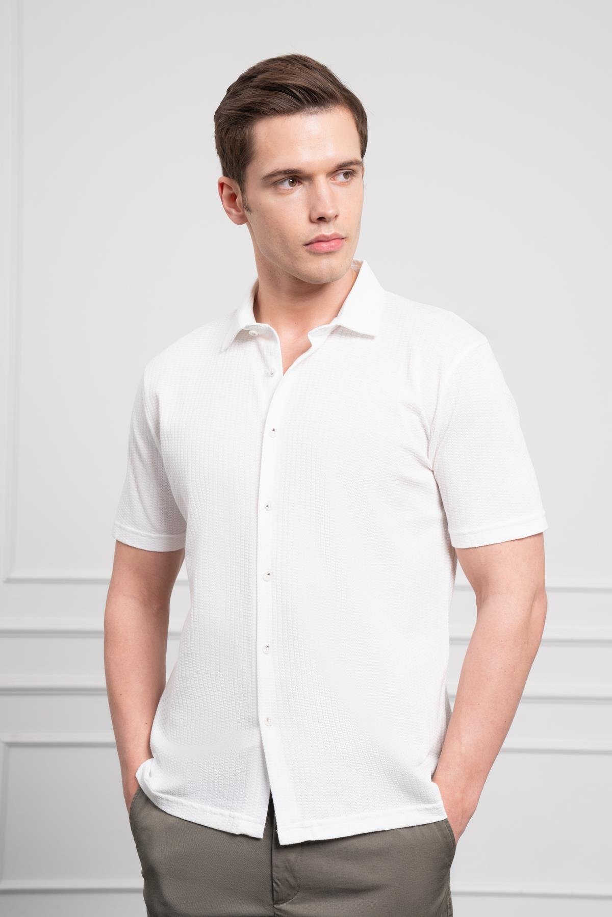 Morven Erkek Ekru Trend Apaçi Yaka Dynamic Fit Kısa Kollu Gömlek