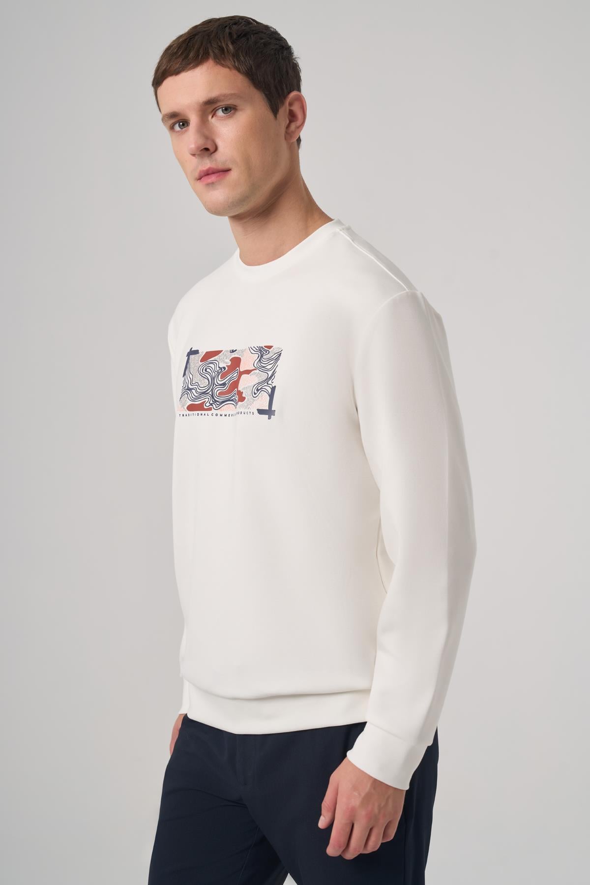Morven Erkek Ekru Trend Baskılı Bisiklet Yaka Sweatshirt