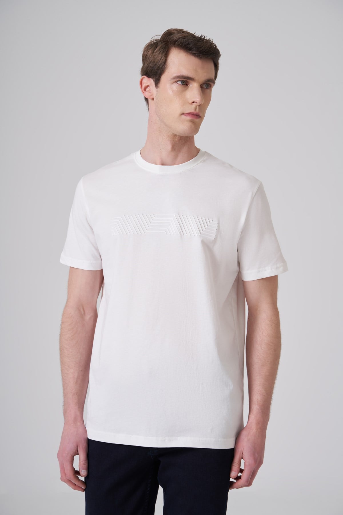 Morven Erkek Ekru Trend Baskılı Bisiklet Yaka Dinamik Fit T-shirt