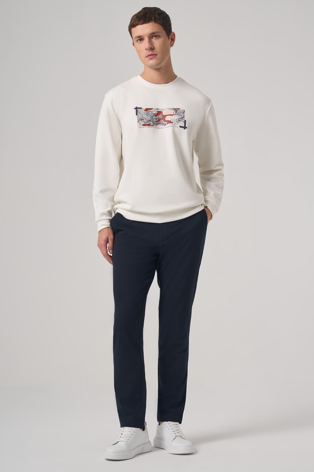 Morven Erkek Ekru Trend Baskılı Bisiklet Yaka Sweatshirt