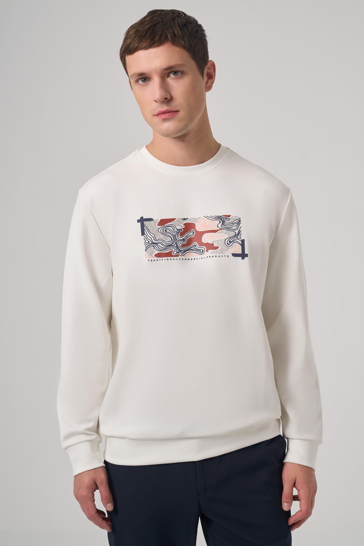 Morven Erkek Ekru Trend Baskılı Bisiklet Yaka Sweatshirt