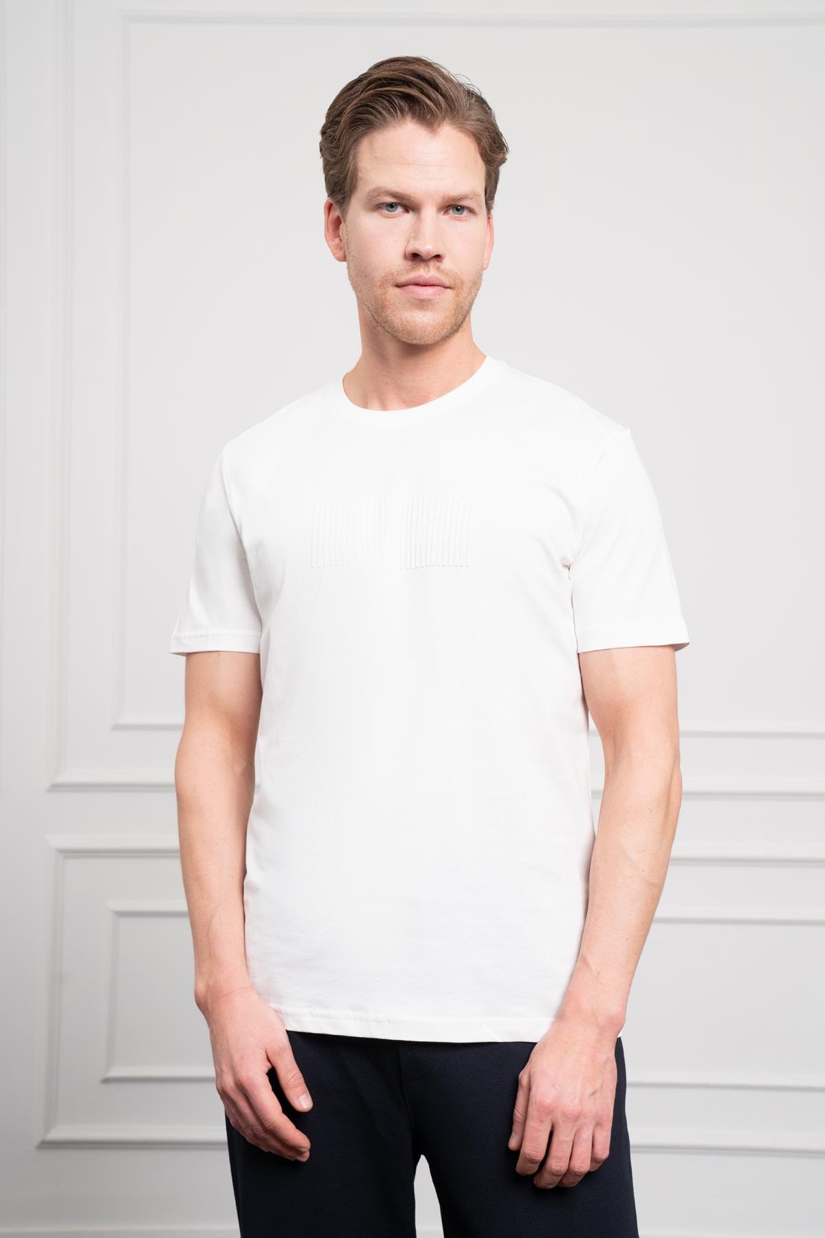 Morven Erkek Ekru Trend Bisiklet Yaka Pamuk Dinamik Fit T-Shirt