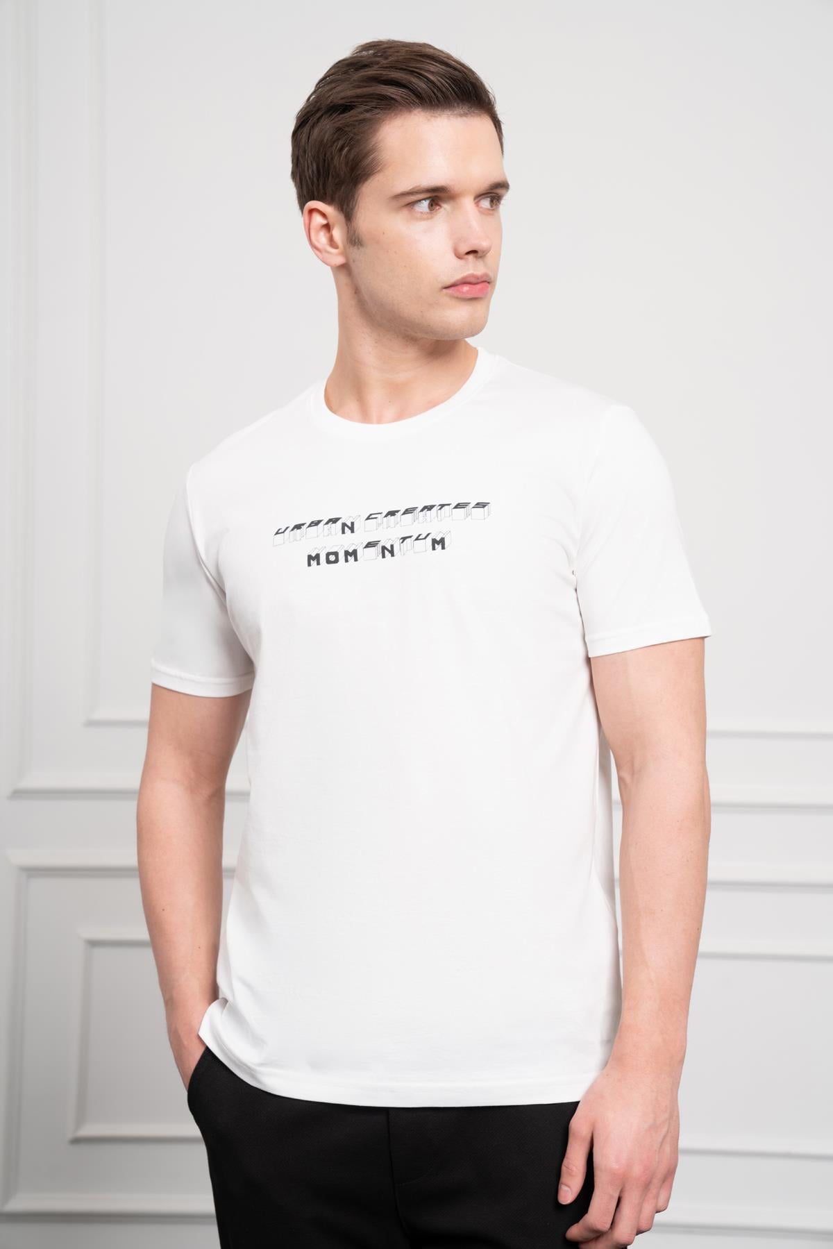 Morven Erkek Ekru Trend Bisiklet Yaka Dinamik Fit Pamuk T-Shirt