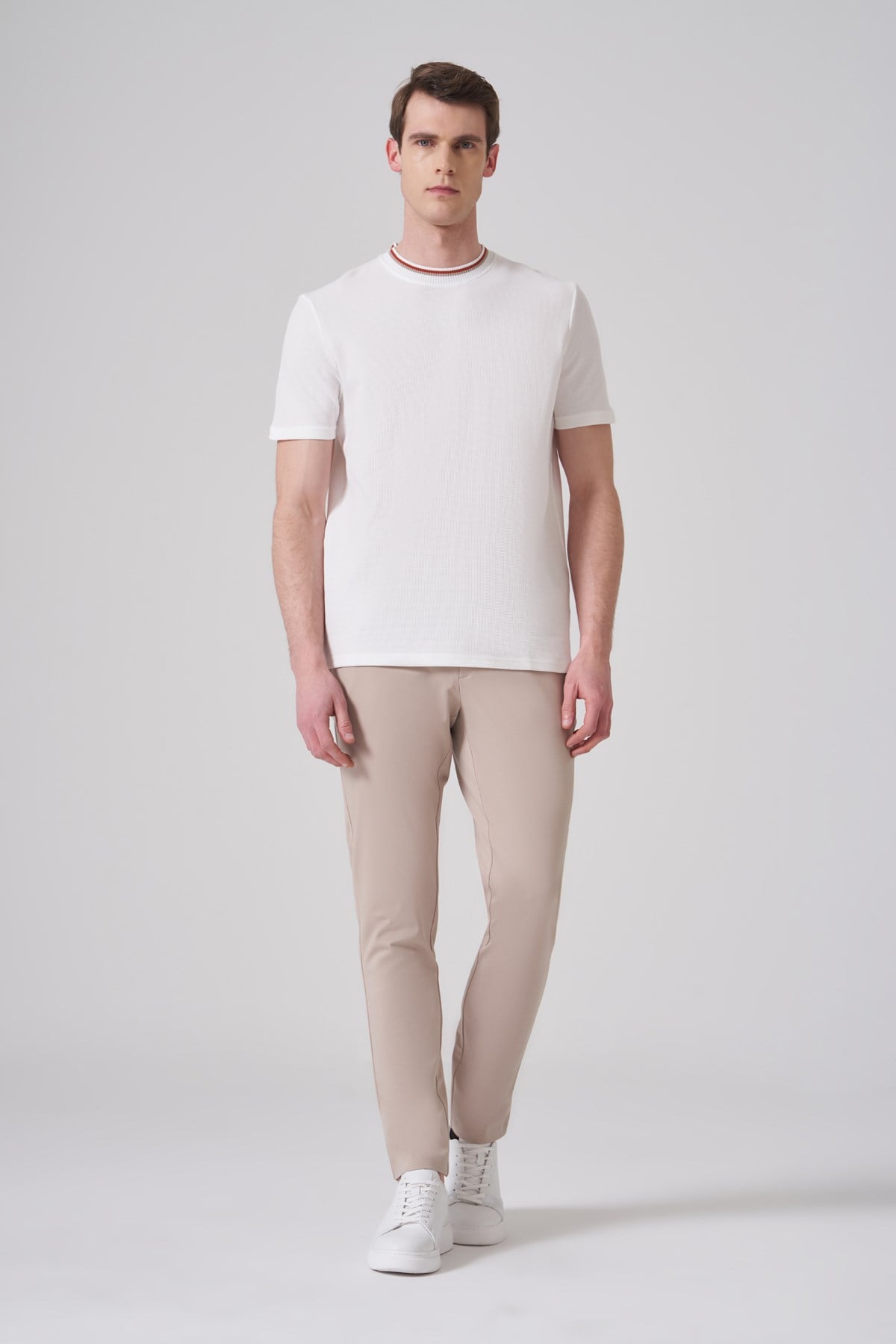 Morven Erkek Ekru Trend Düz Penye  Bisiklet Yaka T-shirt