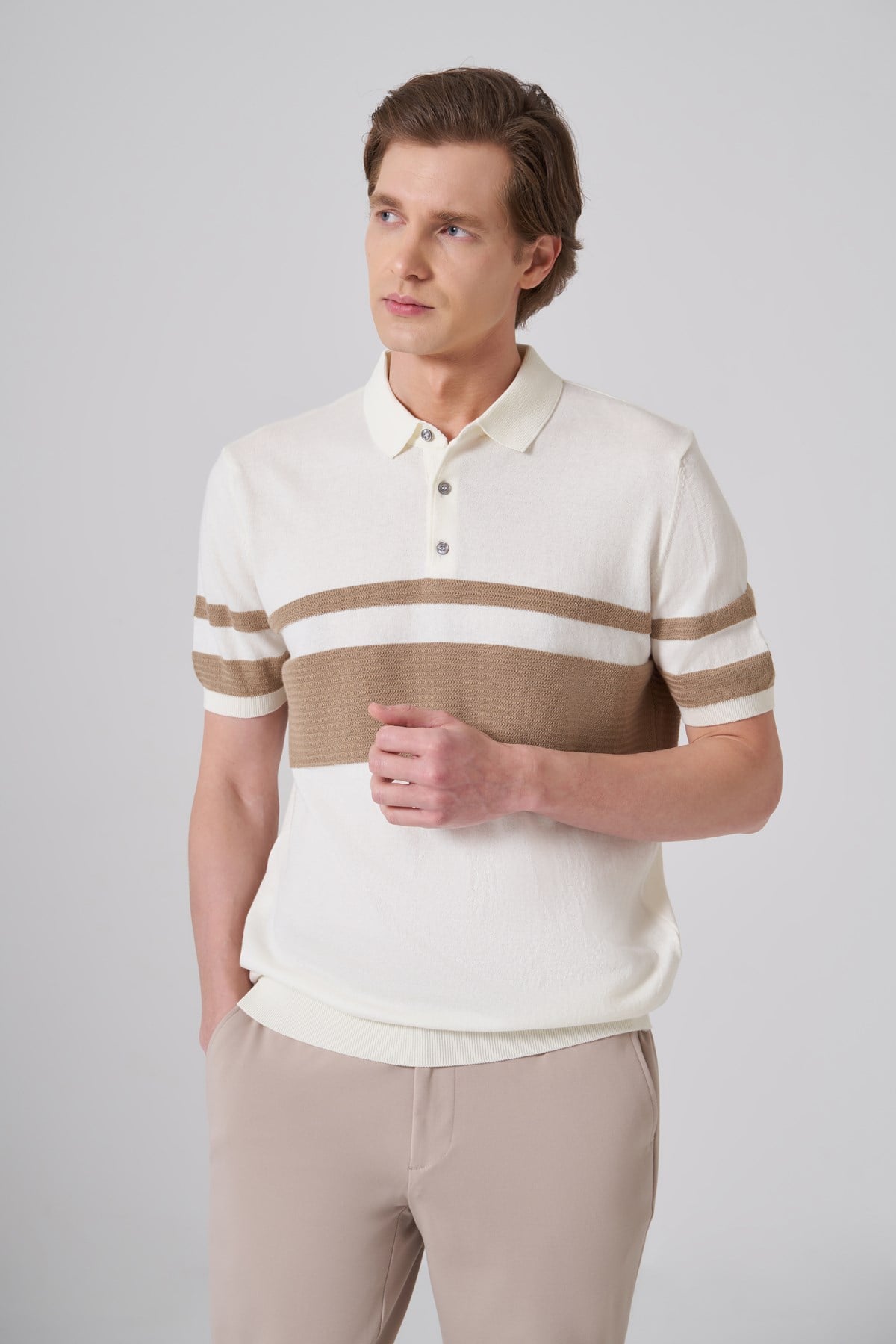 Morven Erkek Ekru Trend Soft Pamuk Polo Yaka Triko T-Shirt