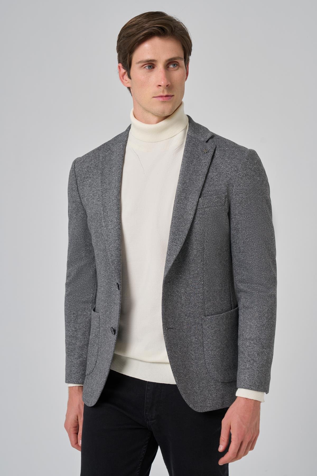 Morven Erkek Füme Örme Trend Desenli Slim Fit Mono Yaka Ceket