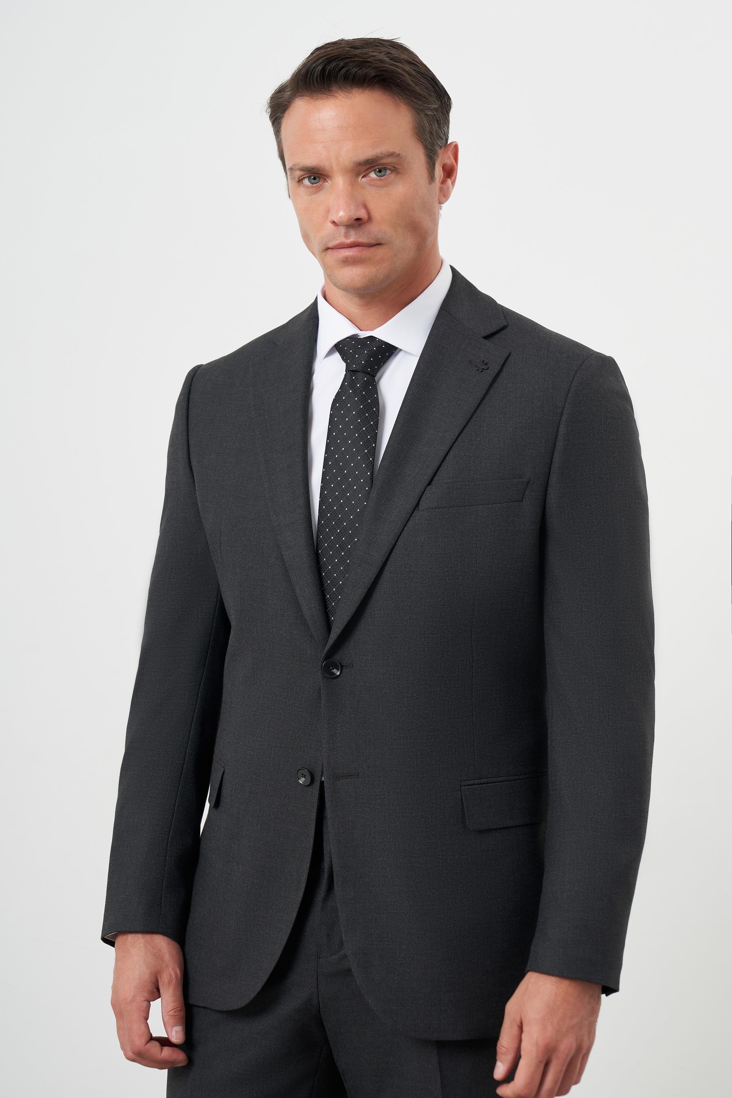 Morven Erkek Füme Poliviskon Basic Düz Desen Dynamic Fit Mono Yaka Takım Elbise