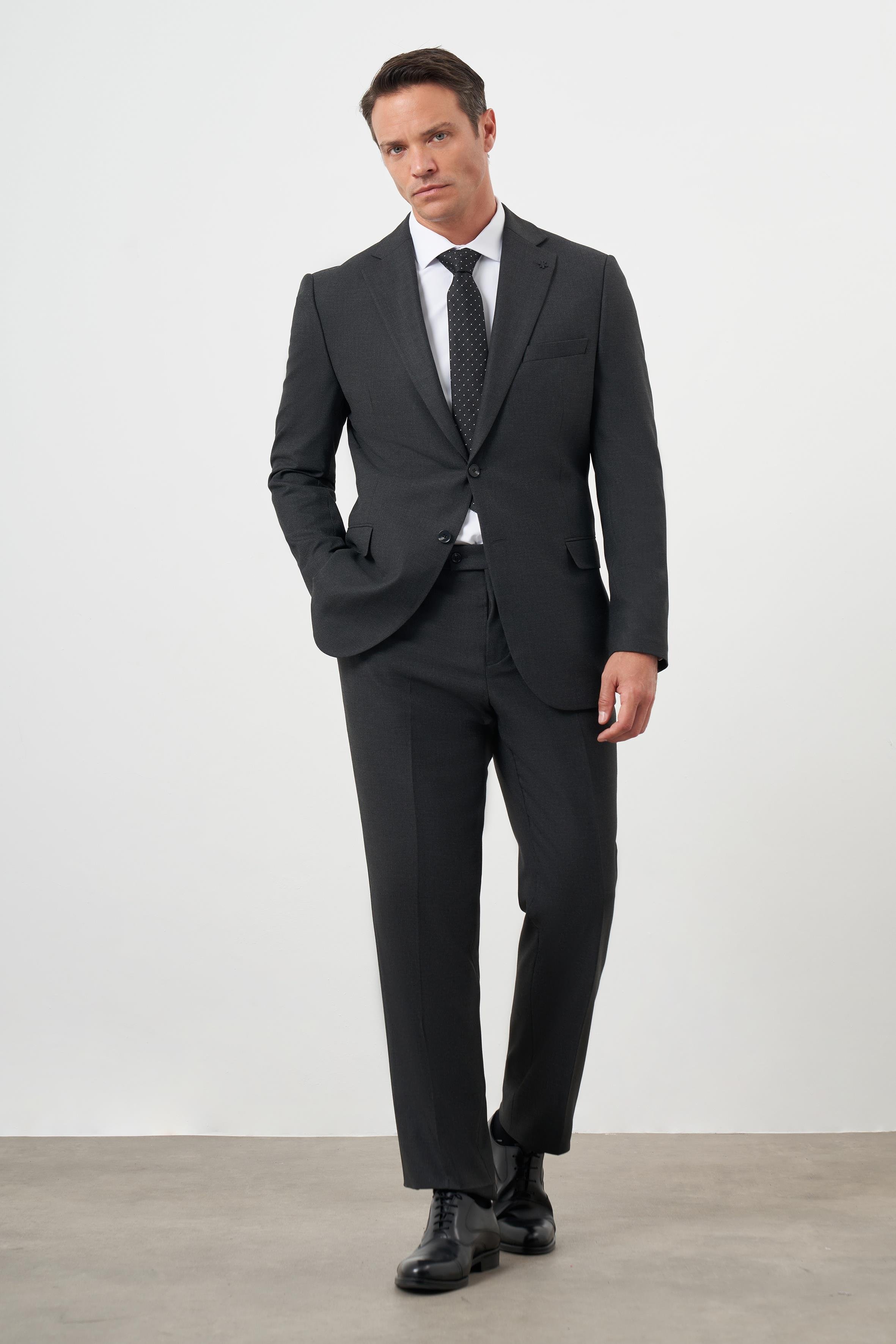 Morven Erkek Füme Poliviskon Basic Düz Desen Dynamic Fit Mono Yaka Takım Elbise