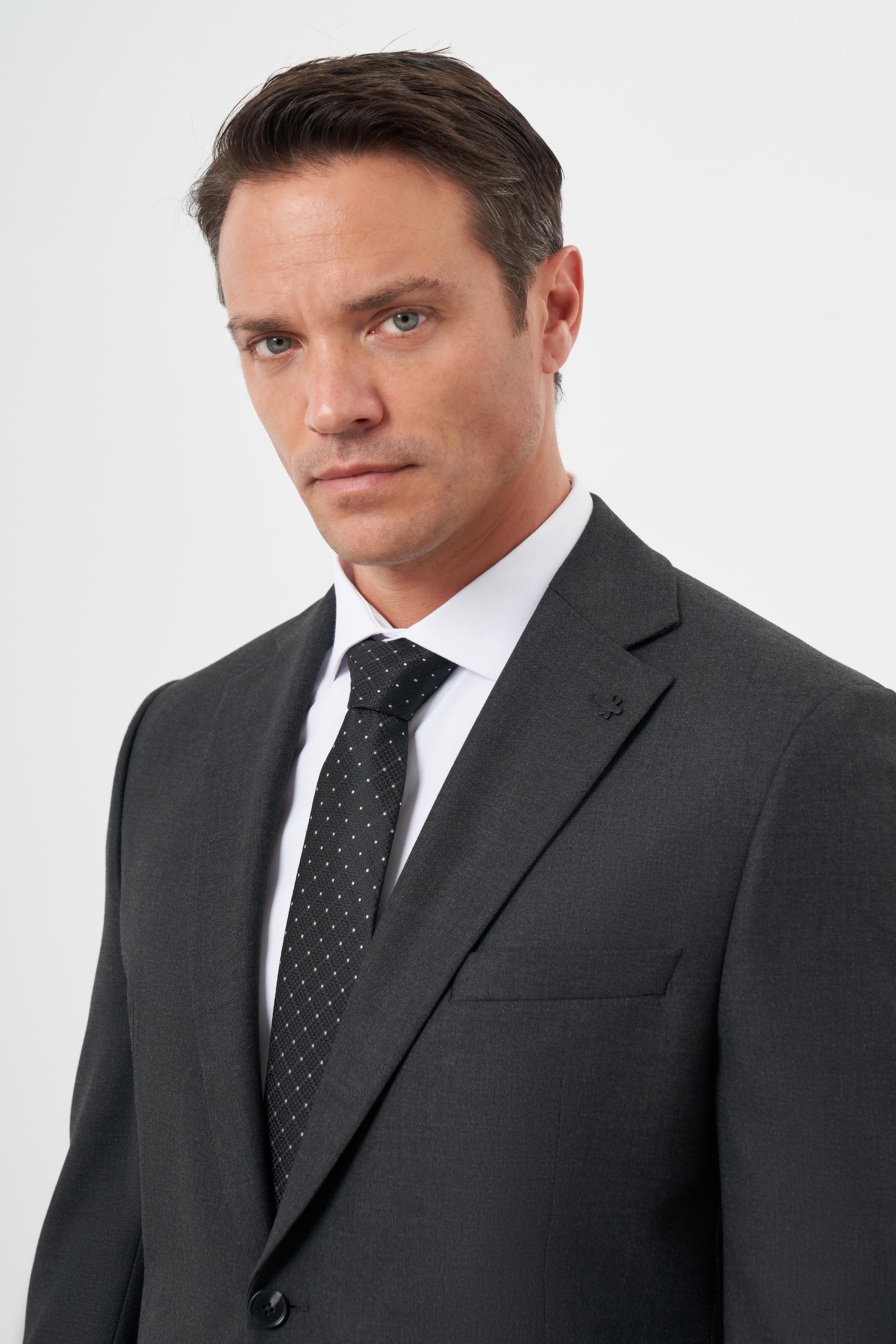 Morven Erkek Füme Poliviskon Basic Düz Desen Dynamic Fit Mono Yaka Takım Elbise