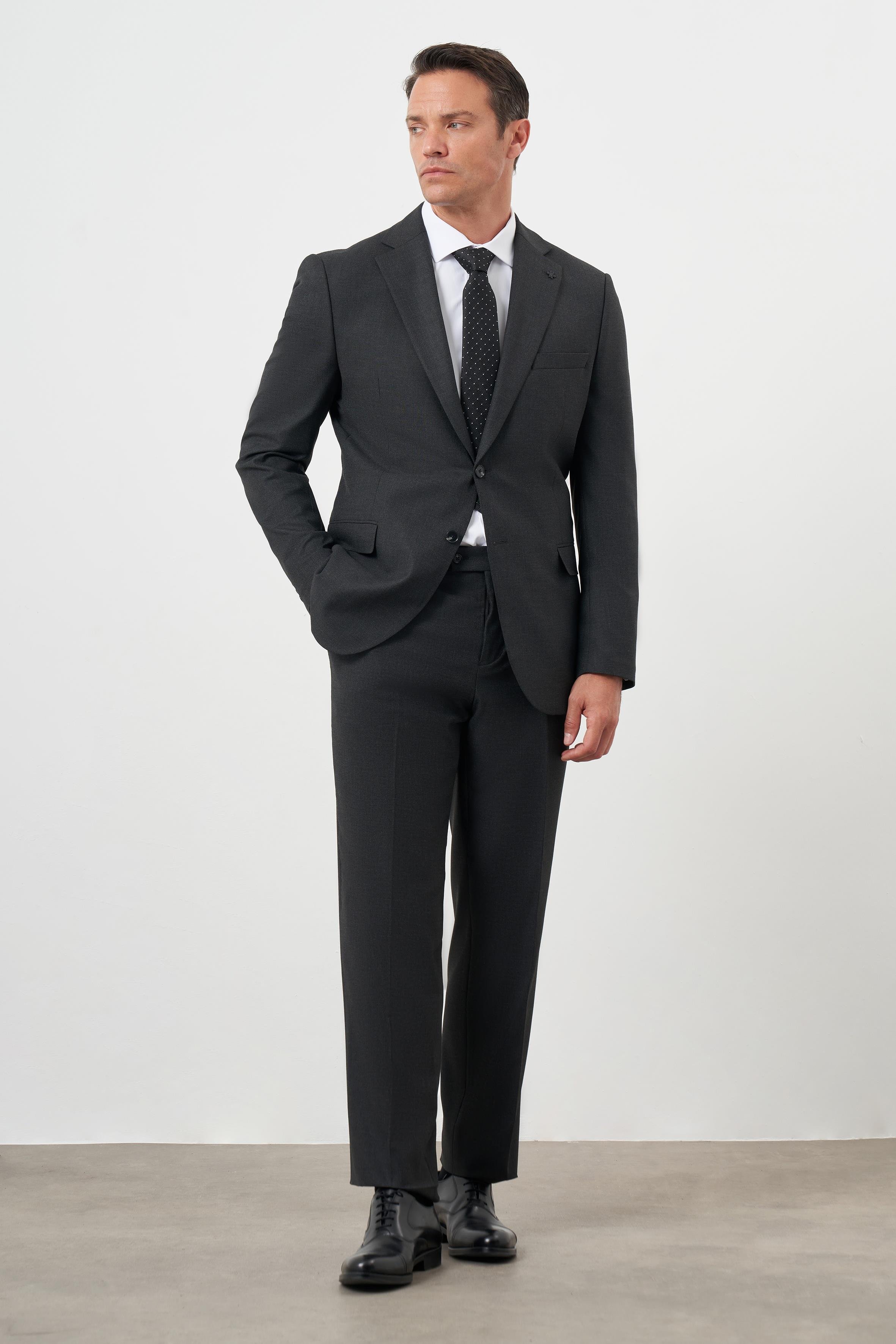 Morven Erkek Füme Poliviskon Basic Düz Desen Dynamic Fit Mono Yaka Takım Elbise